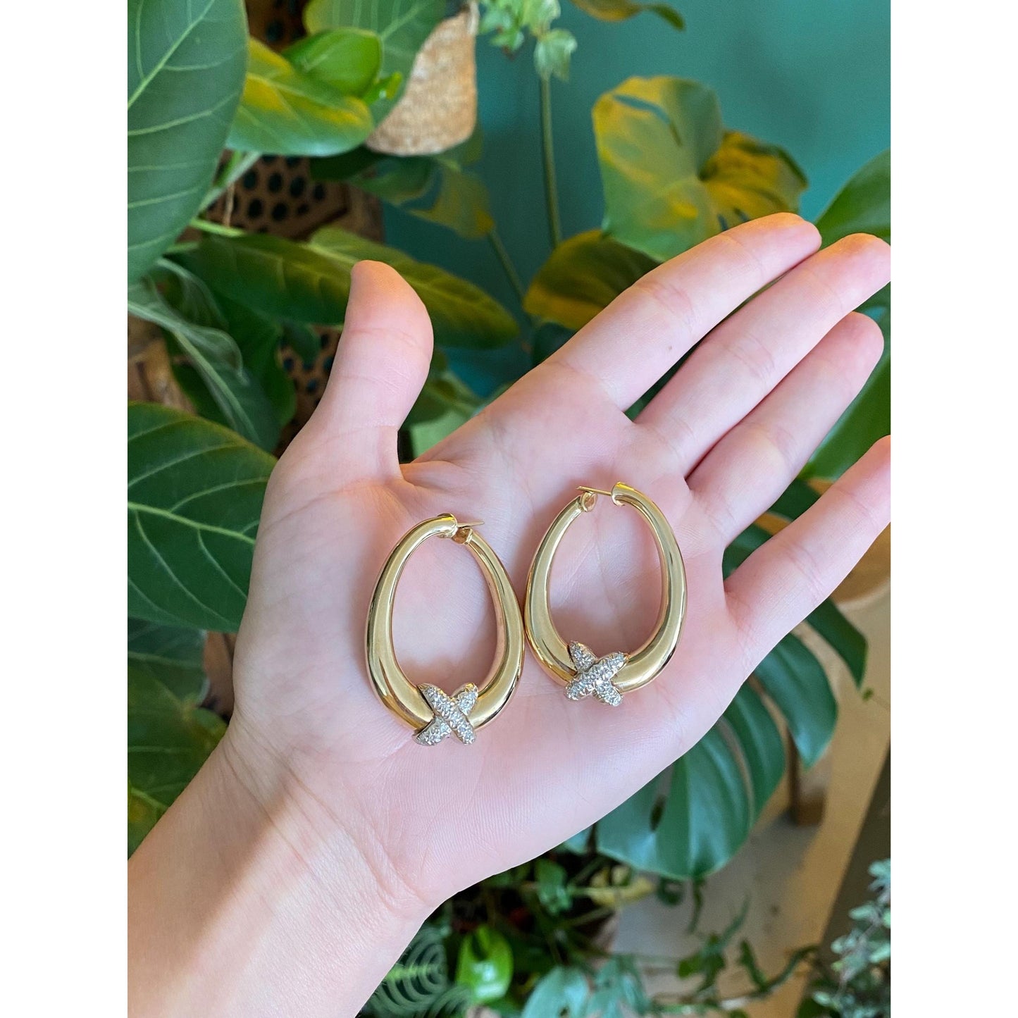 Vintage Solid 14k Yellow Gold Diamond X Hoop Earrings