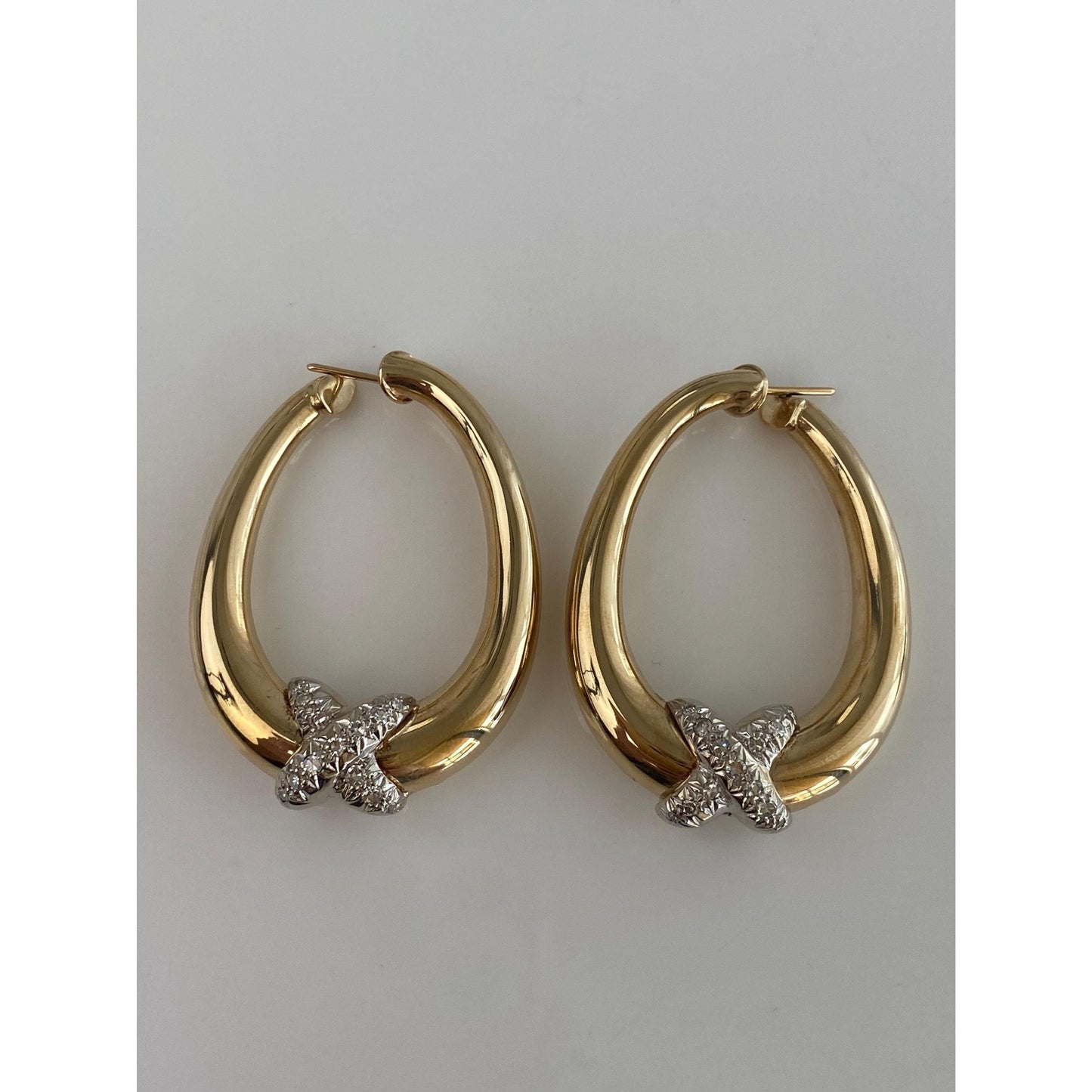 Vintage Solid 14k Yellow Gold Diamond X Hoop Earrings