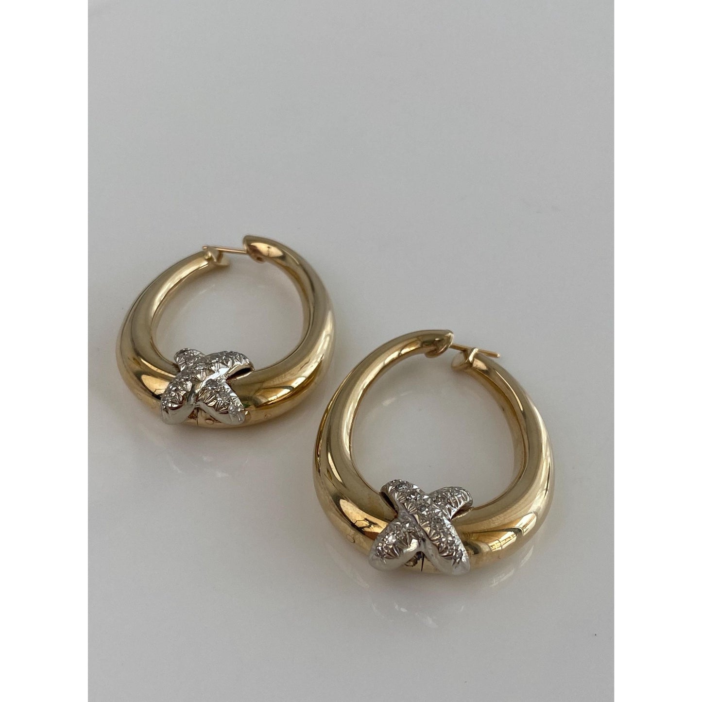 Vintage Solid 14k Yellow Gold Diamond X Hoop Earrings