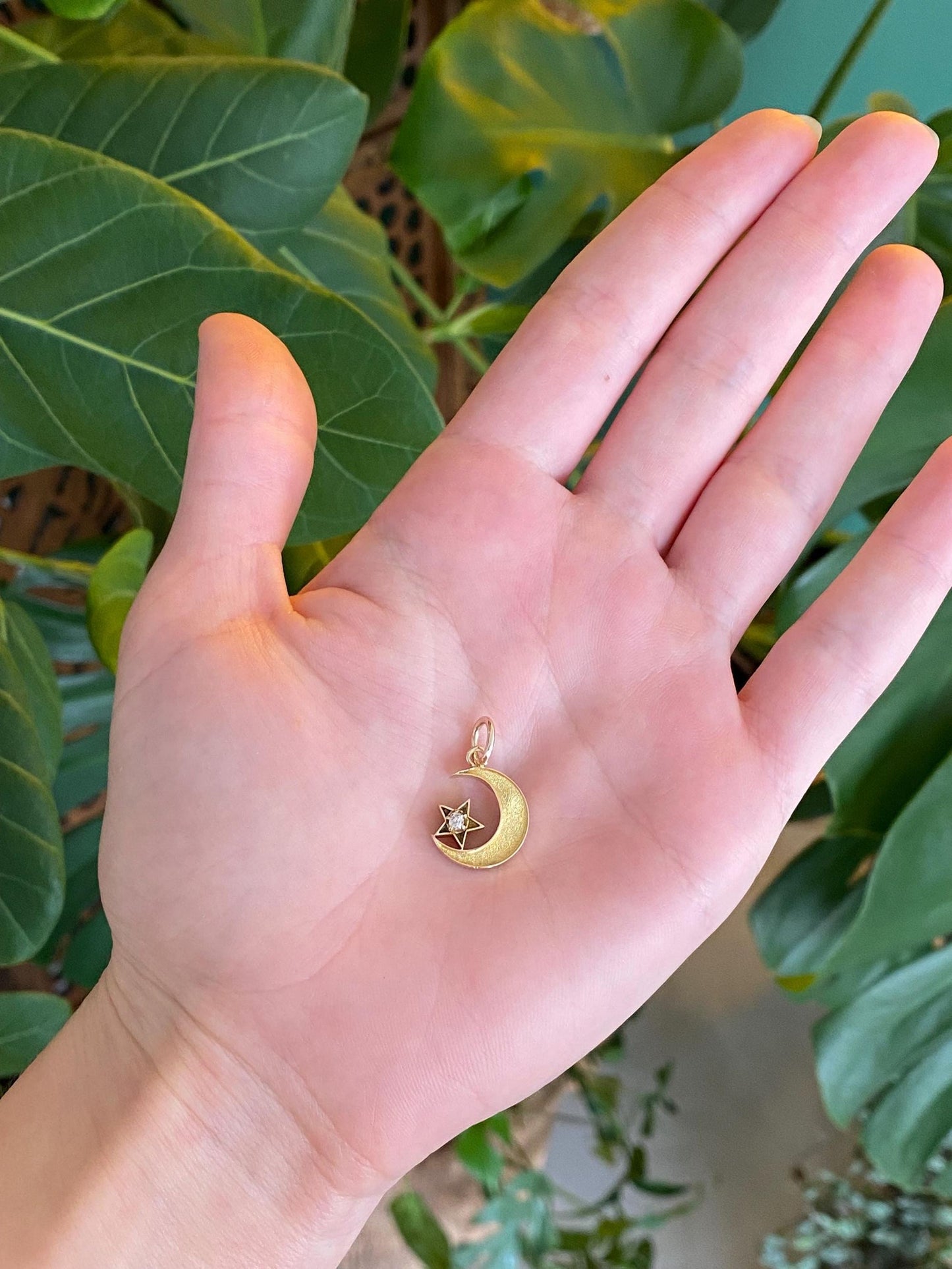 Vintage Solid 14k Yellow Gold Diamond Moon Star Stick Pin Conversion Charm