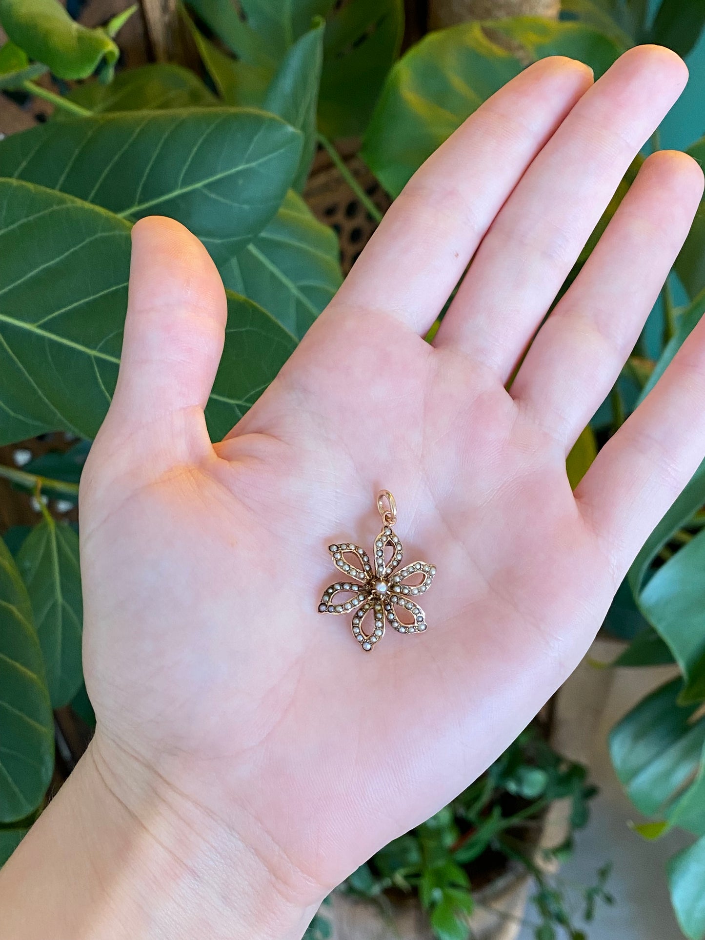 Vintage Solid 10k Rosey Gold Seed Pearls Flower Charm