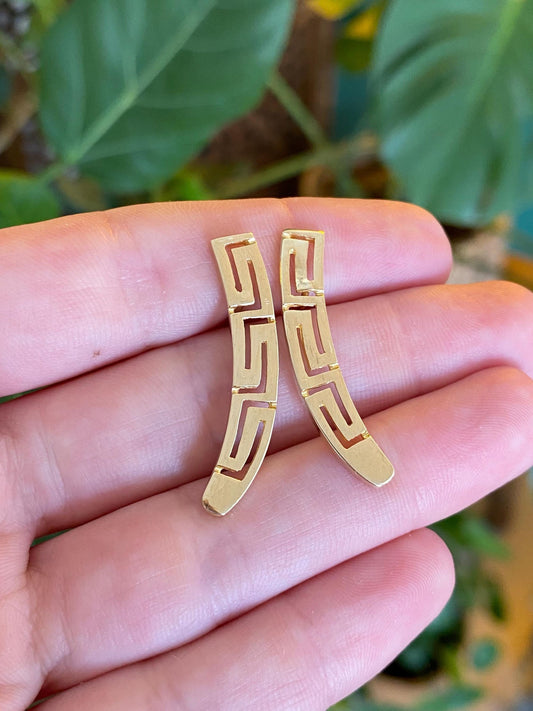 Vintage Solid 14k Yellow Gold Greek Key Drop Earrings