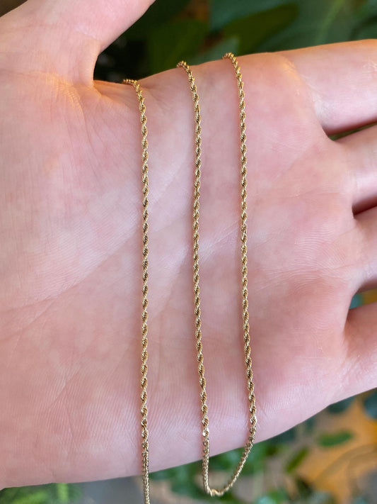 Vintage Solid 14k Yellow Gold Slim Rope Chain Necklace - 18.5 inches