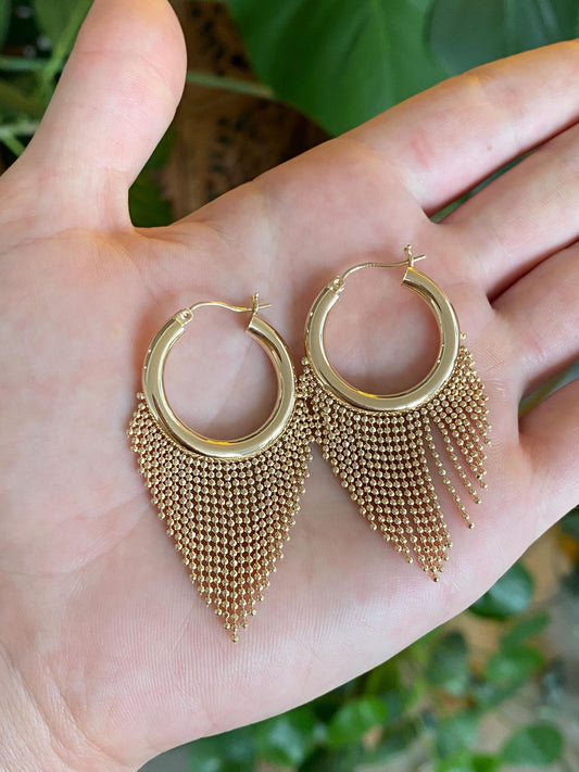 Vintage 14k Yellow Gold Ball Chain Fringe Hoop Earrings