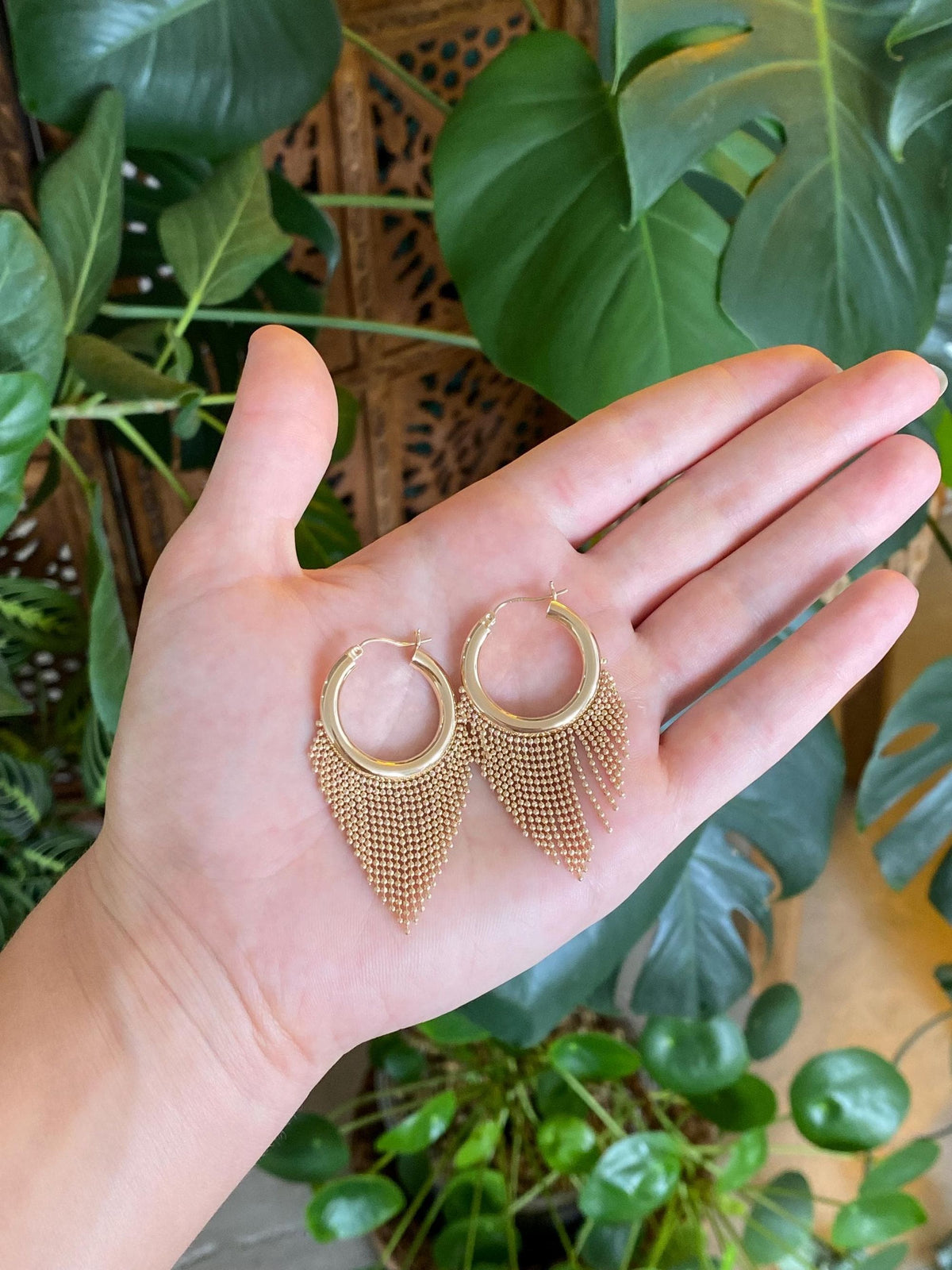 Vintage 14k Yellow Gold Ball Chain Fringe Hoop Earrings