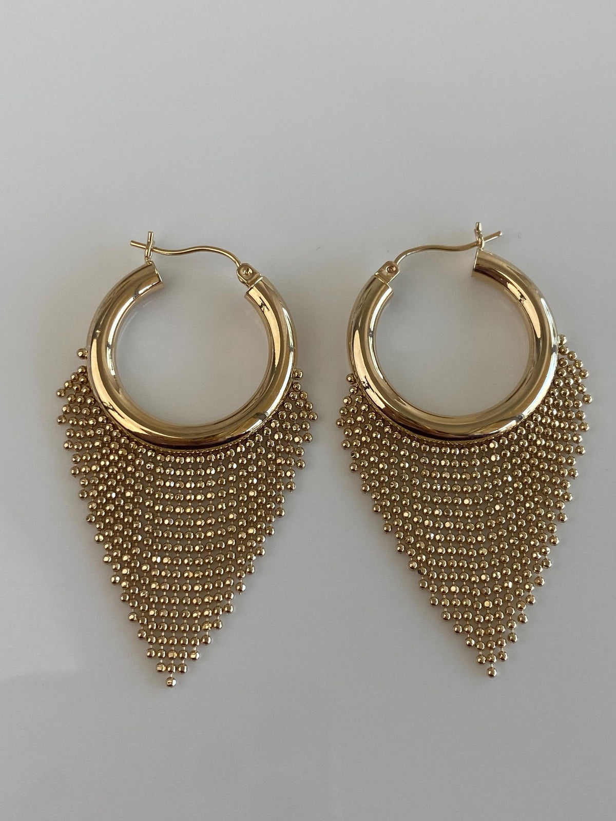 Vintage 14k Yellow Gold Ball Chain Fringe Hoop Earrings
