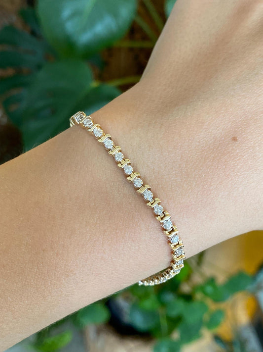 Vintage Solid 14k Yellow Gold Diamond Tennis Bracelet - 7 Inches