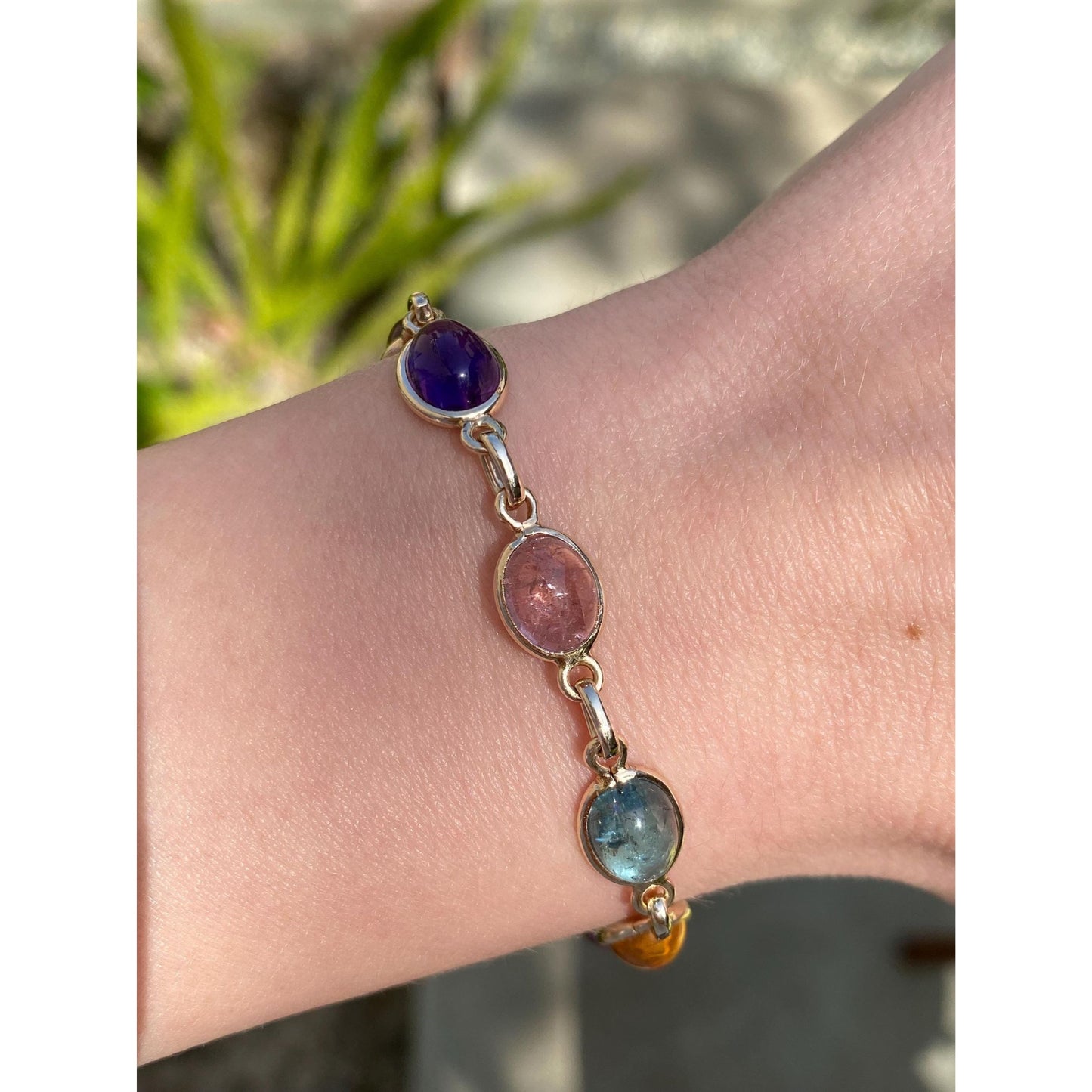 Solid 14k Yellow Gold Amethyst Rose Quartz Citrine Smokey Quartz Link Bracelet - 7.75 inches