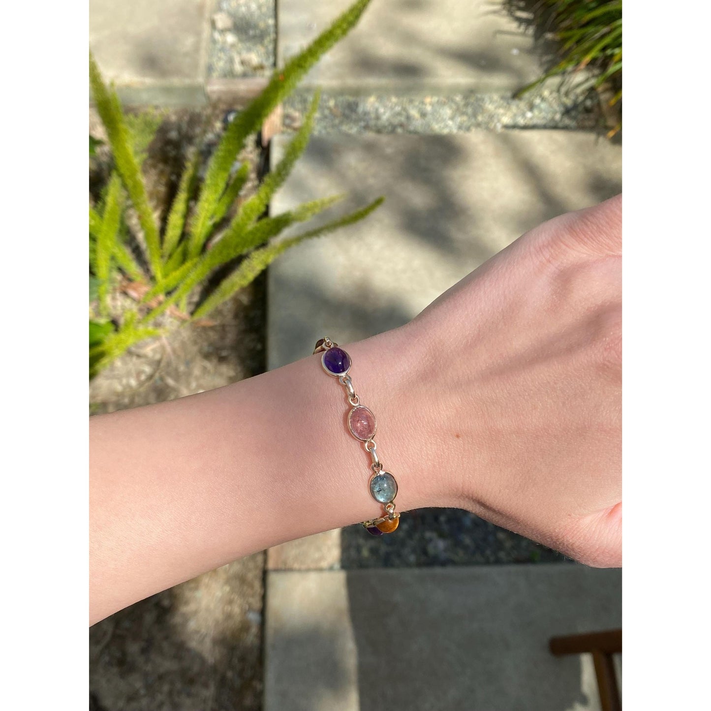 Solid 14k Yellow Gold Amethyst Rose Quartz Citrine Smokey Quartz Link Bracelet - 7.75 inches