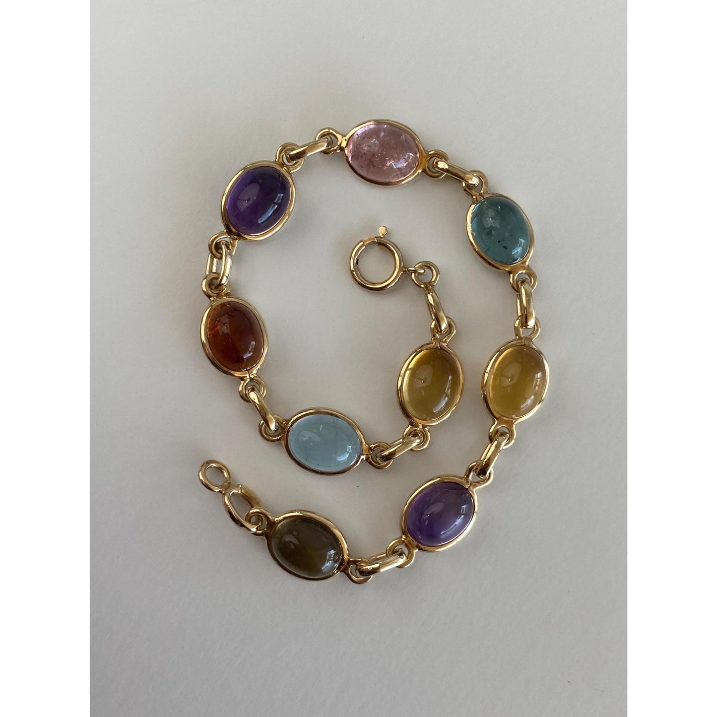 Solid 14k Yellow Gold Amethyst Rose Quartz Citrine Smokey Quartz Link Bracelet - 7.75 inches