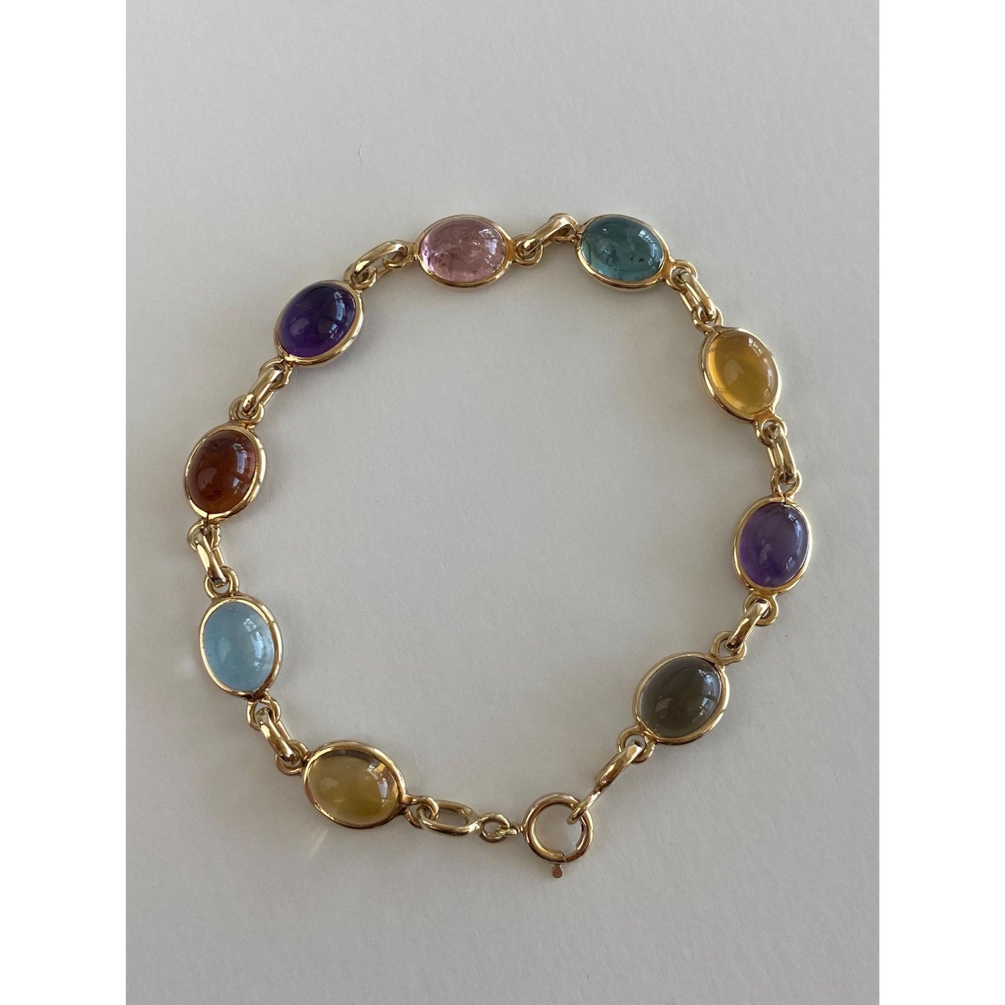 Solid 14k Yellow Gold Amethyst Rose Quartz Citrine Smokey Quartz Link Bracelet - 7.75 inches
