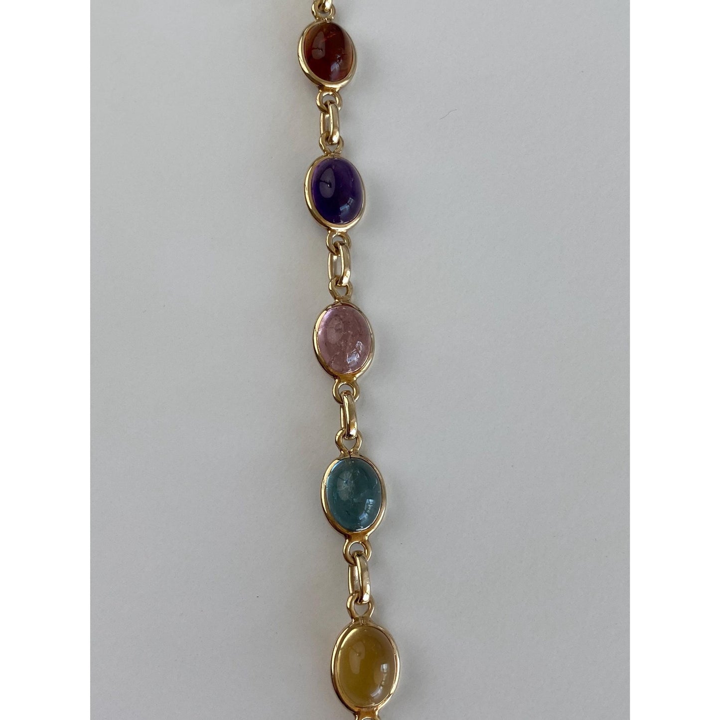 Solid 14k Yellow Gold Amethyst Rose Quartz Citrine Smokey Quartz Link Bracelet - 7.75 inches