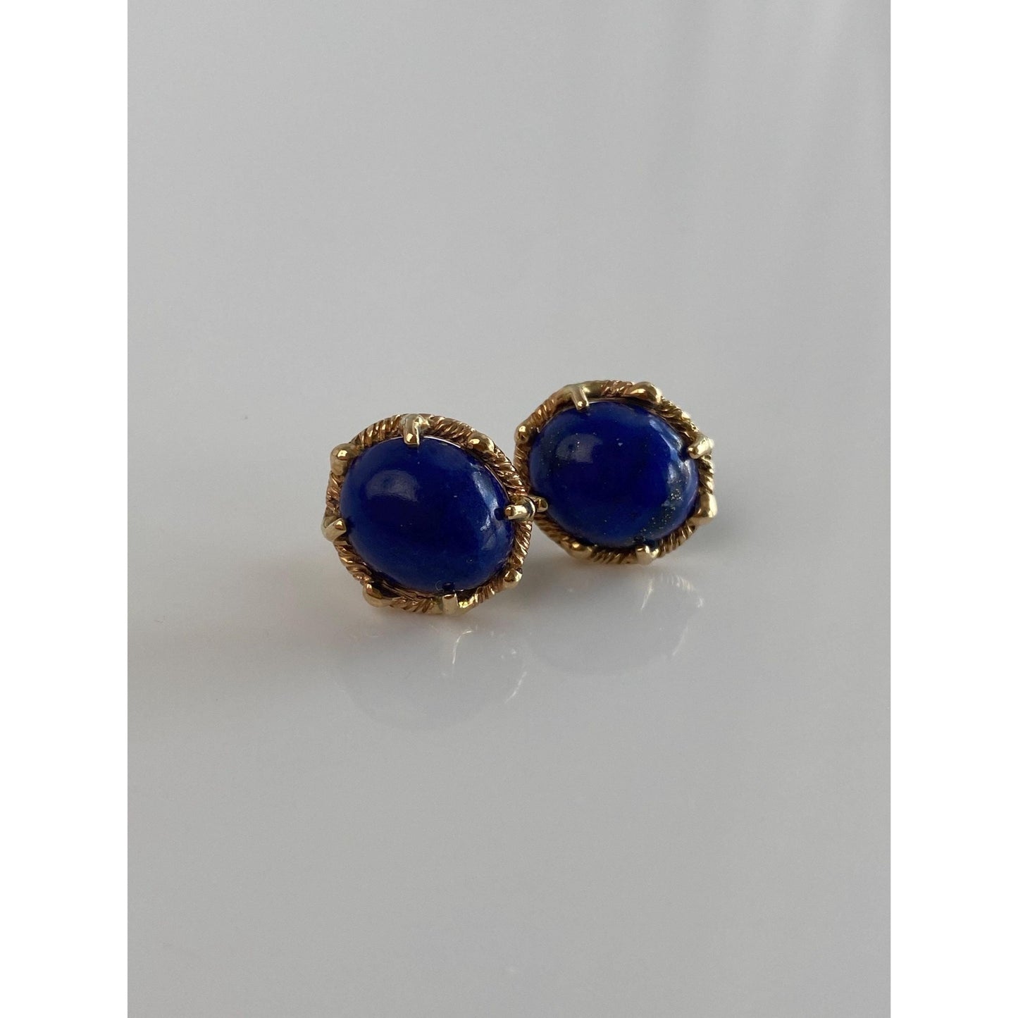 Vintage Solid 14k Yellow Gold Blue Lapis Lazuli Stud Earrings