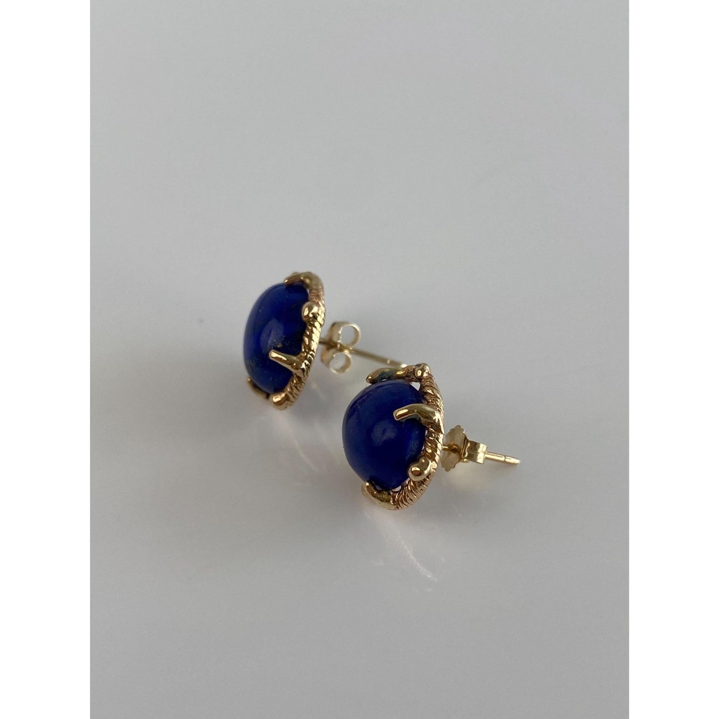 Vintage Solid 14k Yellow Gold Blue Lapis Lazuli Stud Earrings