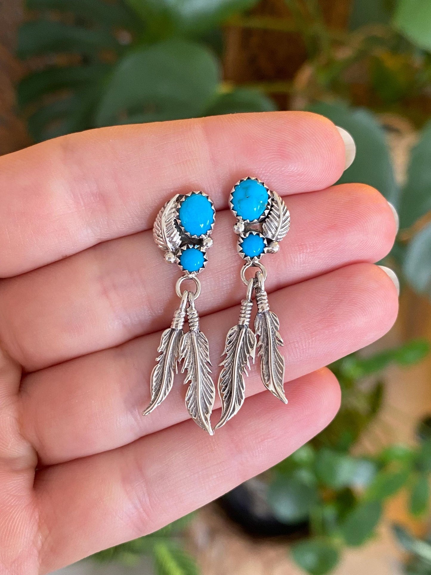 Solid Sterling Silver Turquoise Southwestern Feather Stud Dangle Earrings