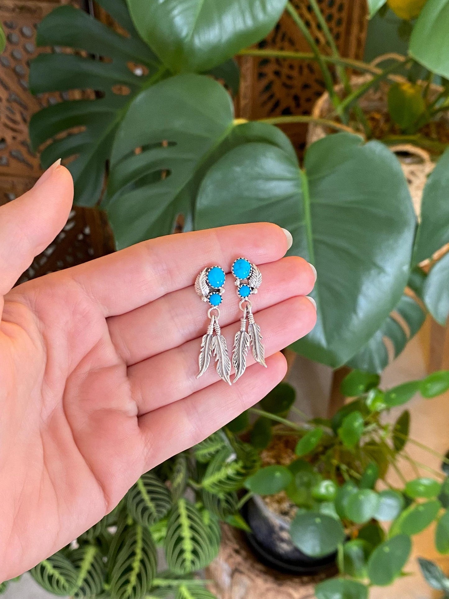 Solid Sterling Silver Turquoise Southwestern Feather Stud Dangle Earrings