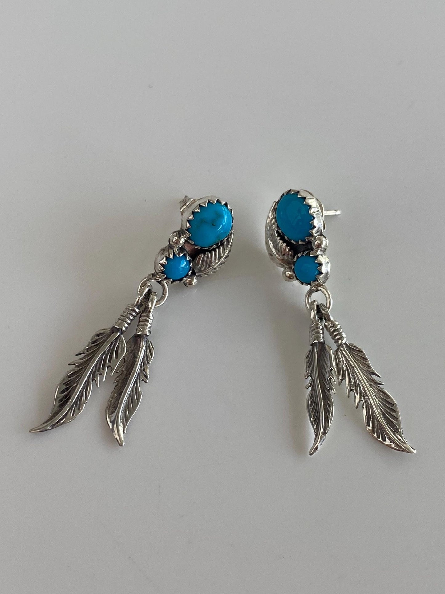 Solid Sterling Silver Turquoise Southwestern Feather Stud Dangle Earrings