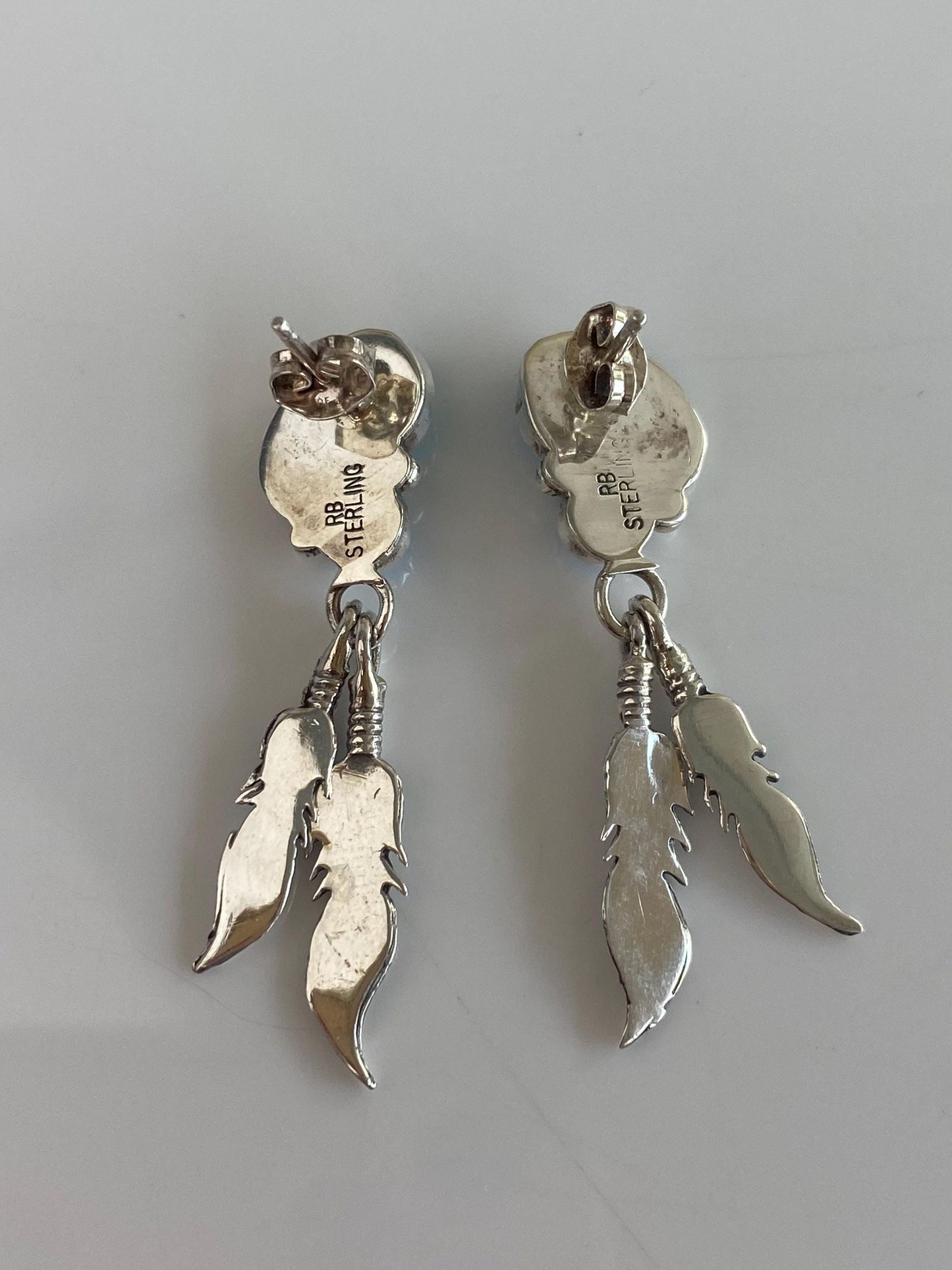 Solid Sterling Silver Turquoise Southwestern Feather Stud Dangle Earrings