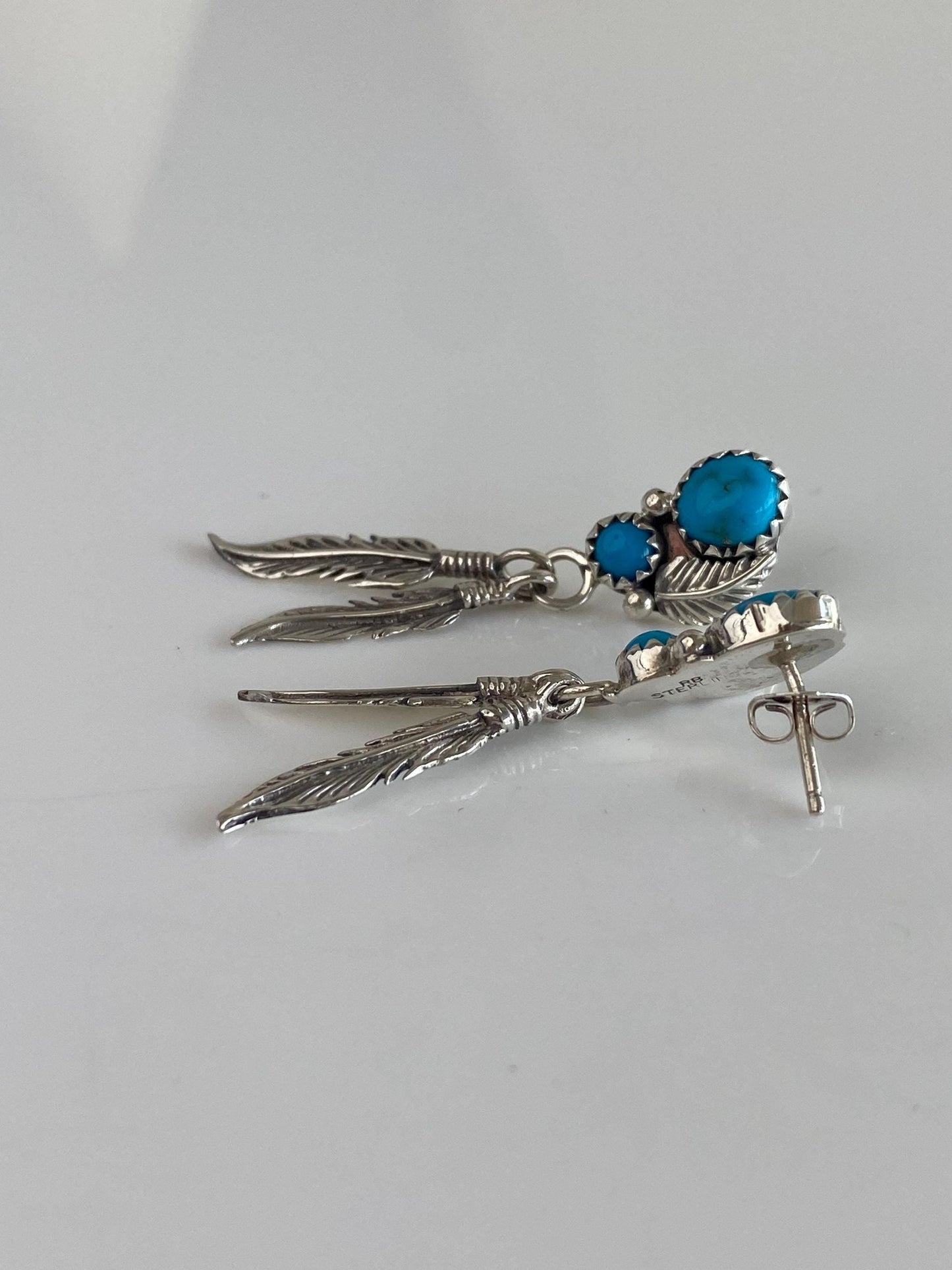 Solid Sterling Silver Turquoise Southwestern Feather Stud Dangle Earrings