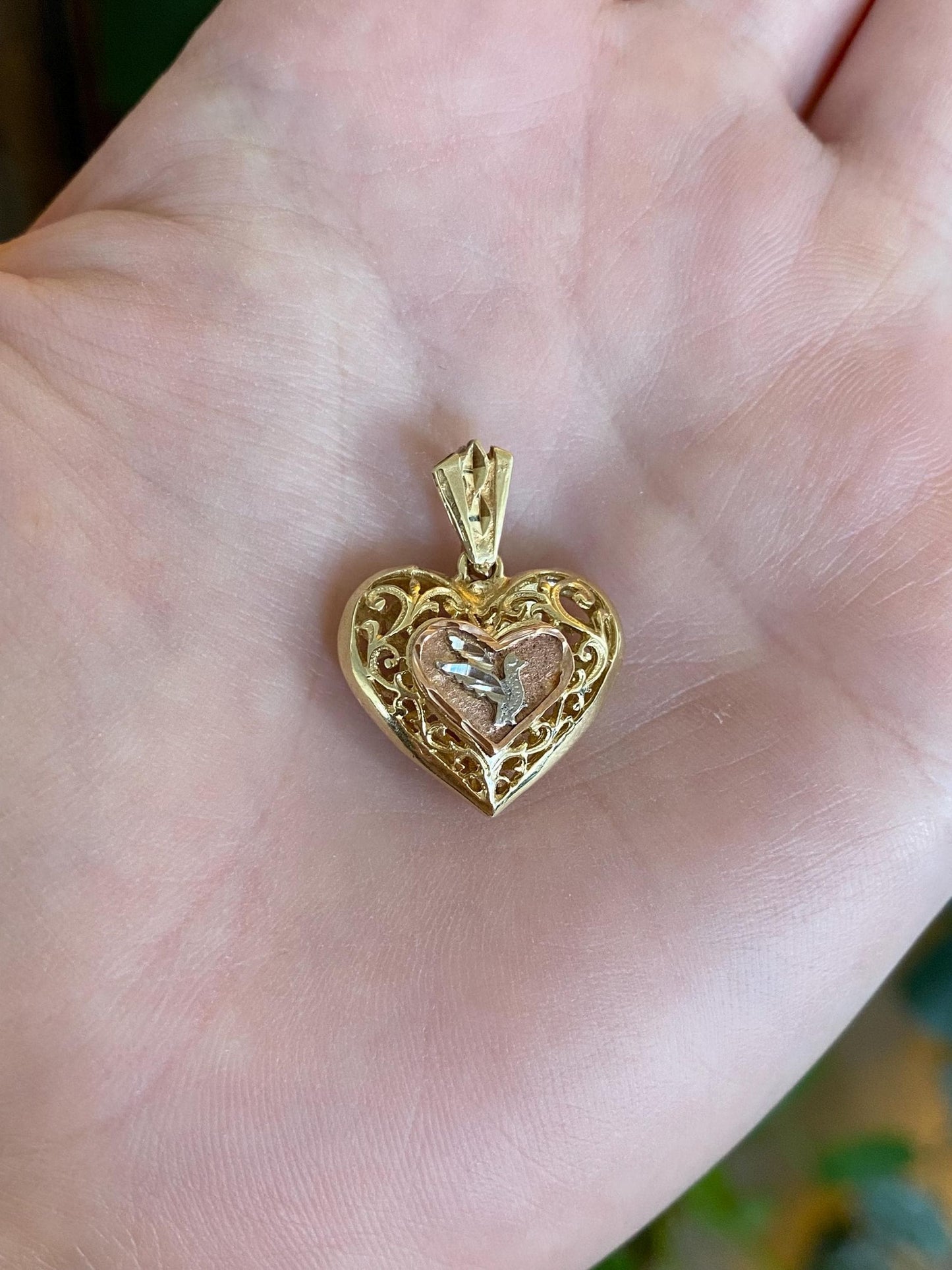 Vintage Solid 12k Tri Tone Gold Bird Open Work Heart Charm
