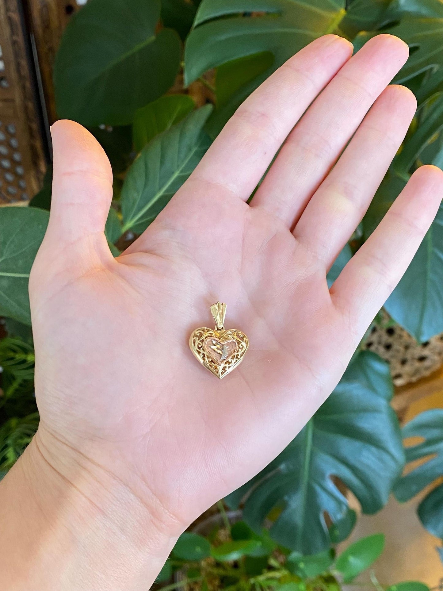 Vintage Solid 12k Tri Tone Gold Bird Open Work Heart Charm