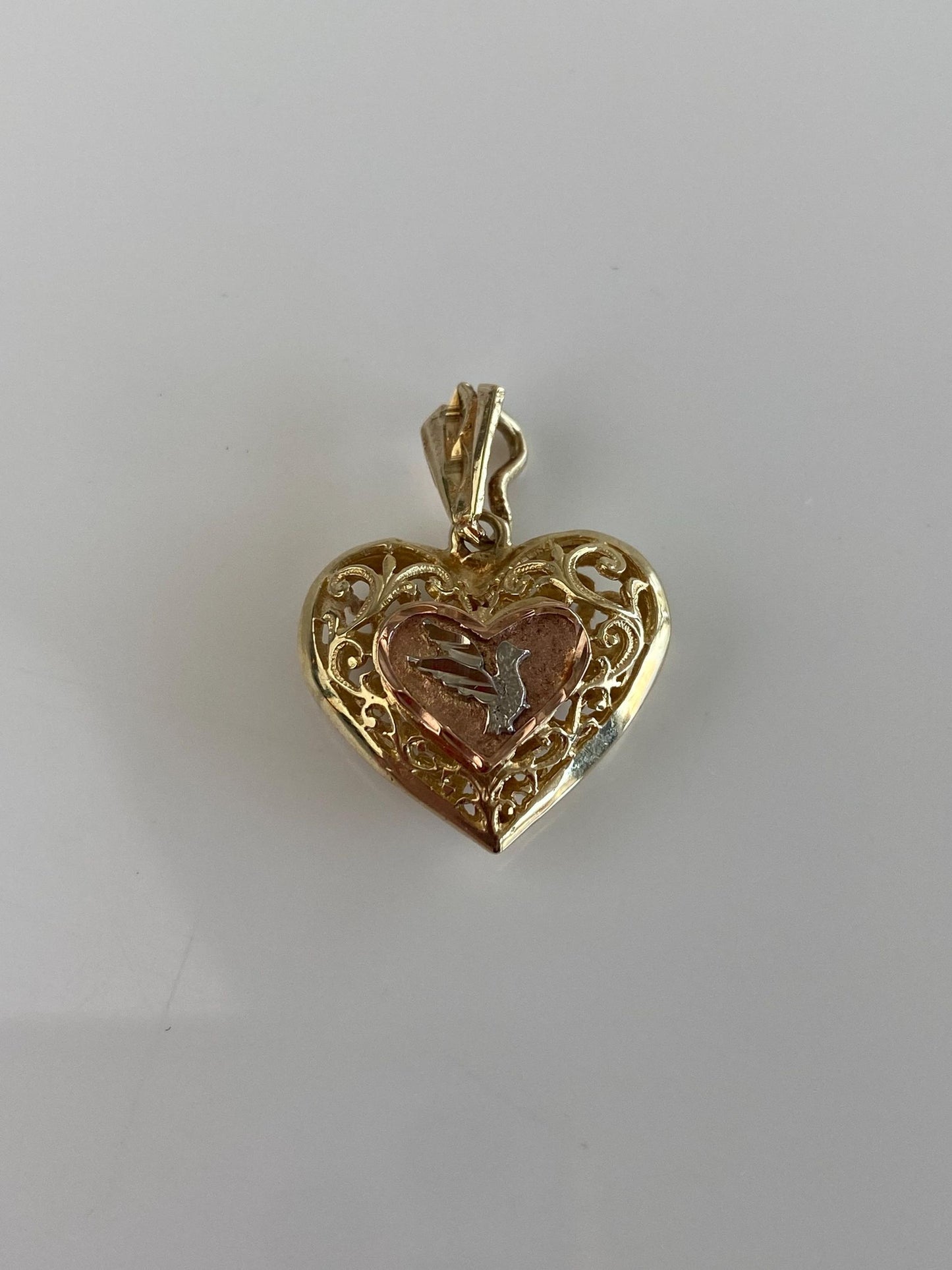 Vintage Solid 12k Tri Tone Gold Bird Open Work Heart Charm