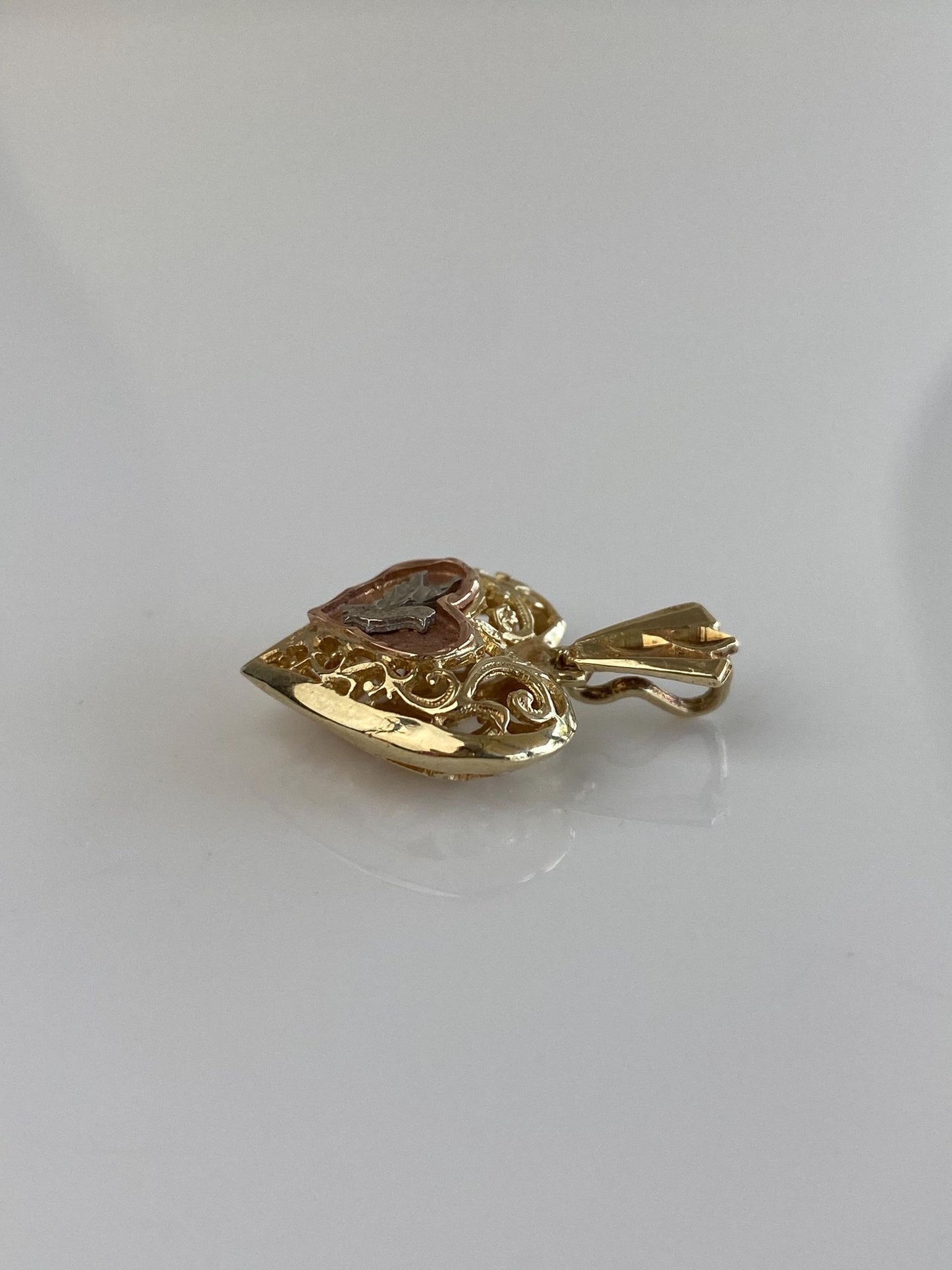Vintage Solid 12k Tri Tone Gold Bird Open Work Heart Charm