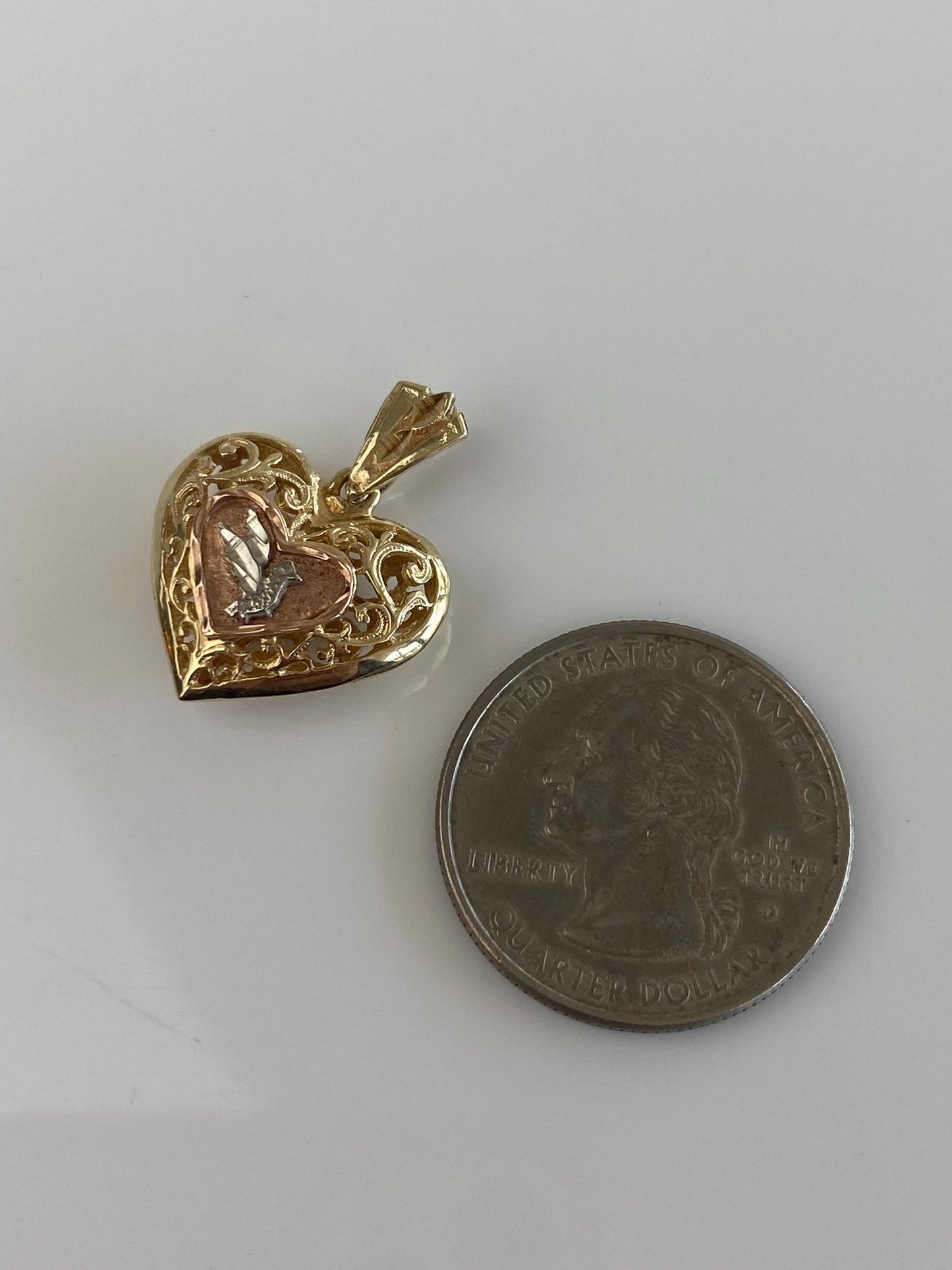 Vintage Solid 12k Tri Tone Gold Bird Open Work Heart Charm