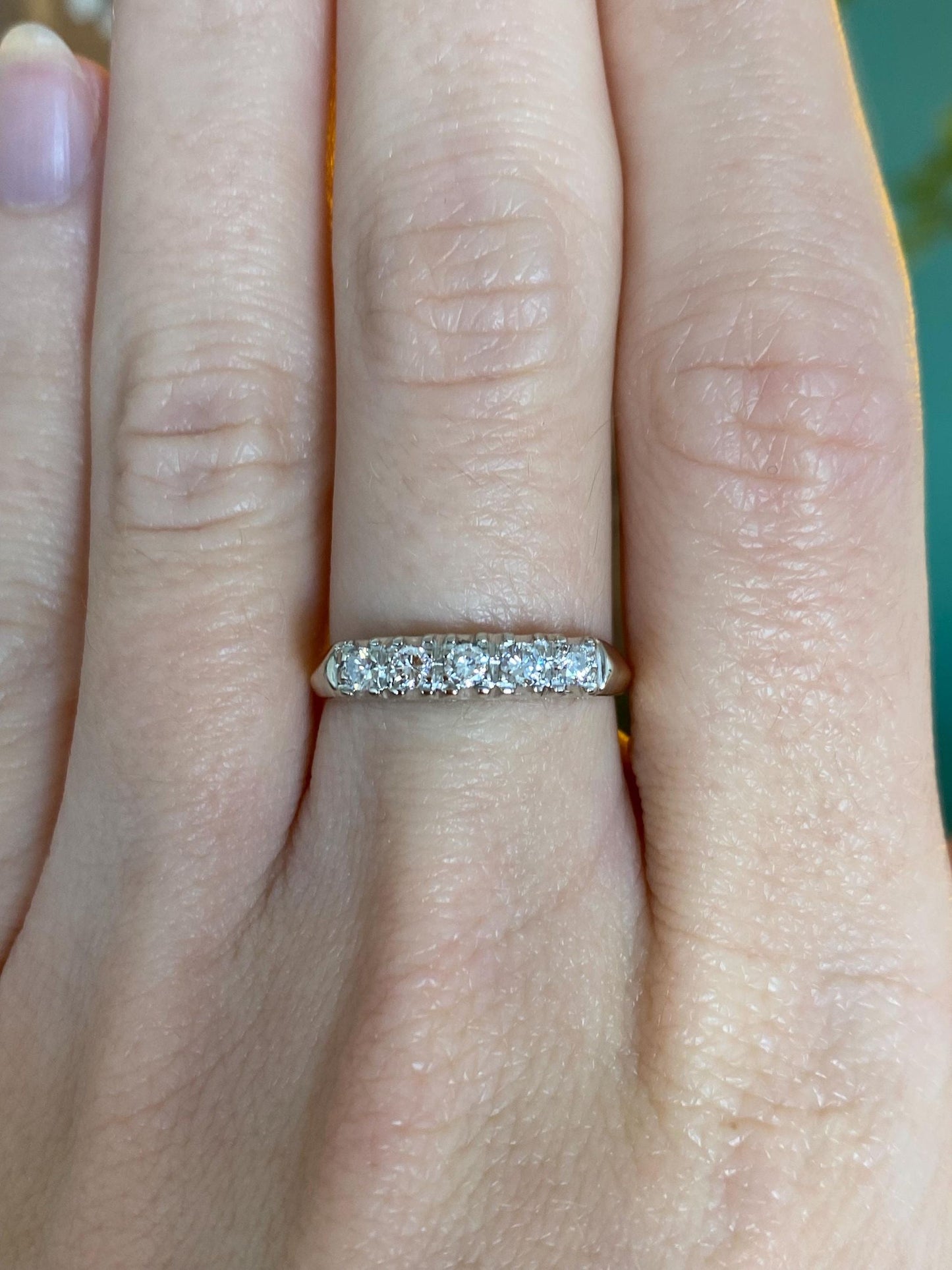 Vintage Solid 14k White & Yellow Gold Diamond Row Ring - Size 7