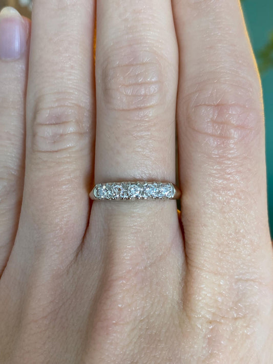 Vintage Solid 14k White & Yellow Gold Diamond Row Ring - Size 7