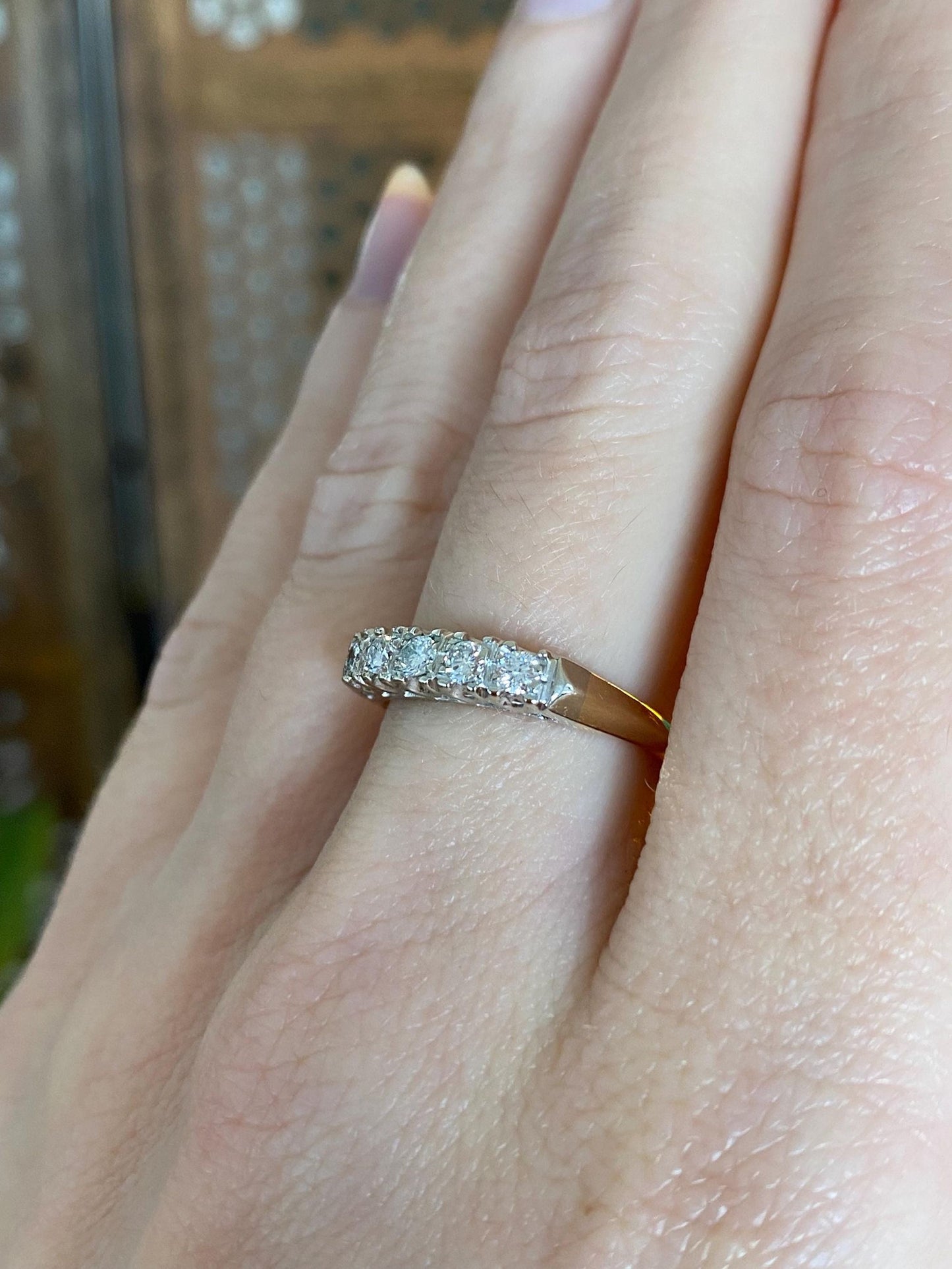 Vintage Solid 14k White & Yellow Gold Diamond Row Ring - Size 7