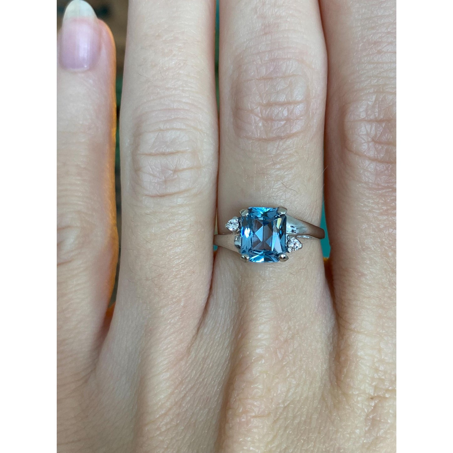 Vintage Solid 10k White Gold Aquamarine Clear Quartz Ring - Size 6