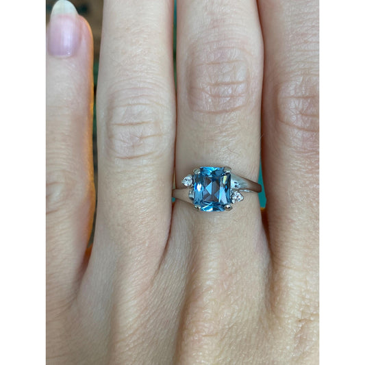 Vintage Solid 10k White Gold Aquamarine Clear Quartz Ring - Size 6