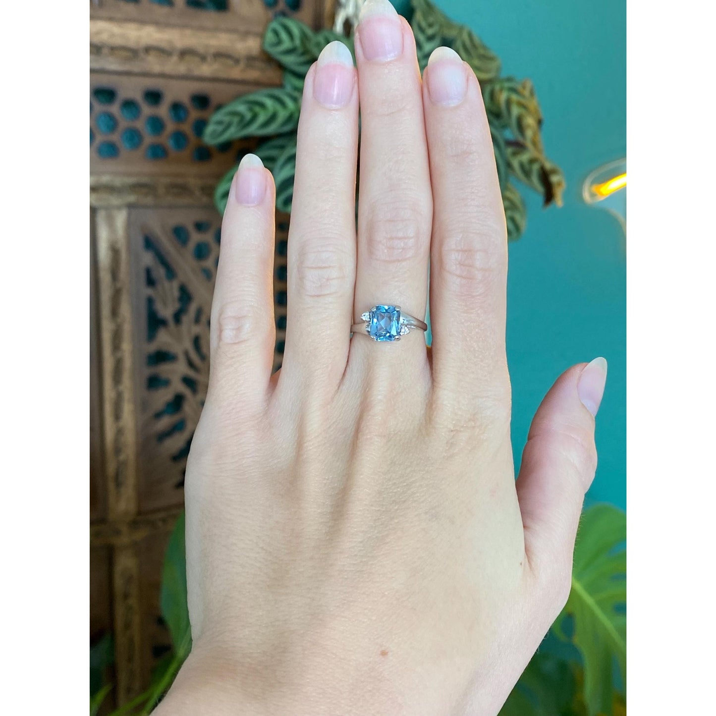 Vintage Solid 10k White Gold Aquamarine Clear Quartz Ring - Size 6