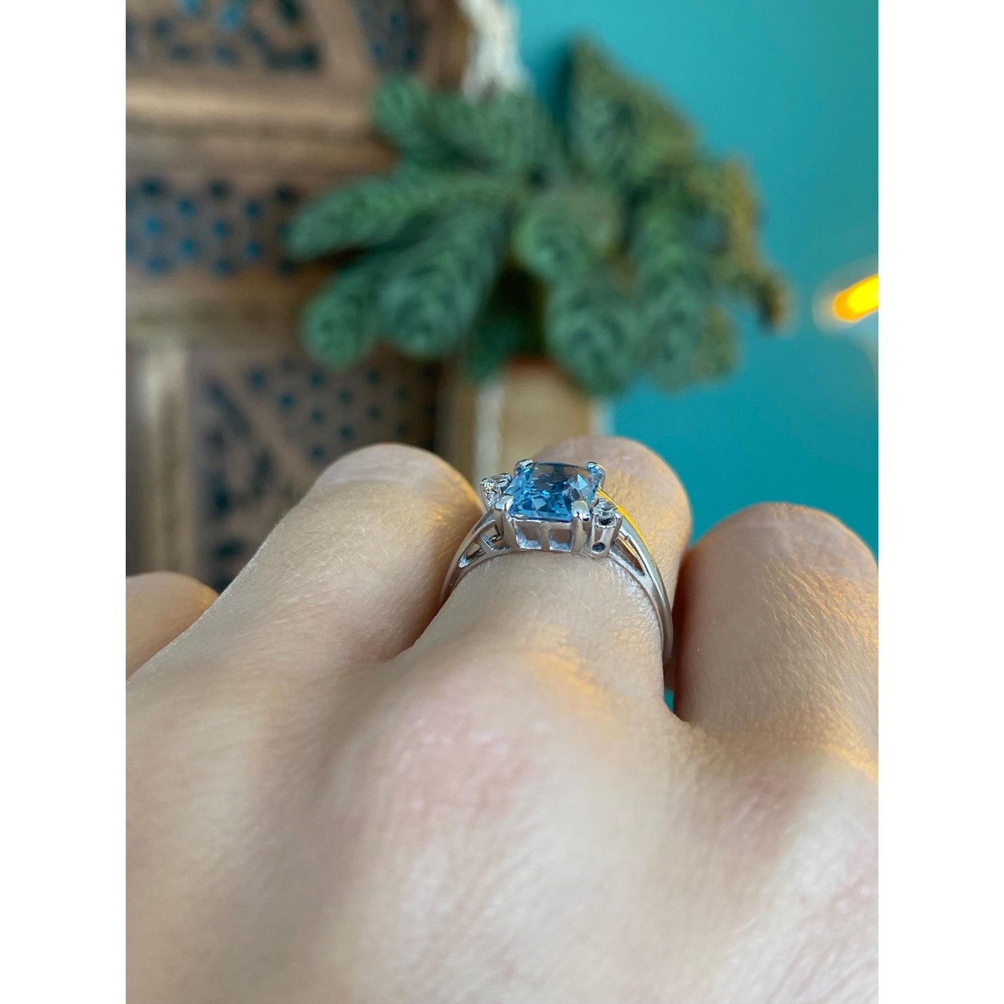 Vintage Solid 10k White Gold Aquamarine Clear Quartz Ring - Size 6