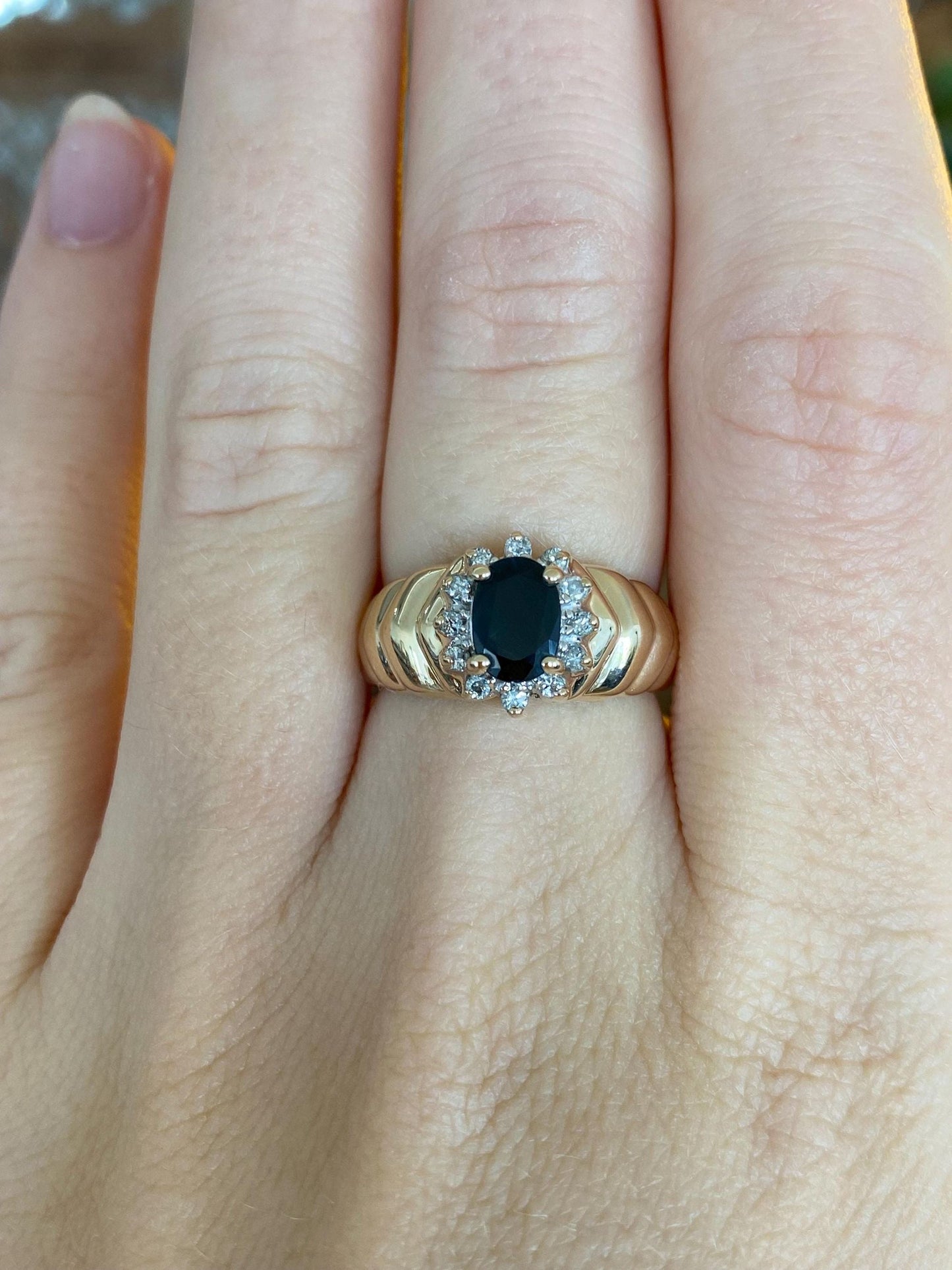 Solid 14k White & Yellow Gold Blue Sapphire Diamond Halo Fluted Ring - Size 6.25