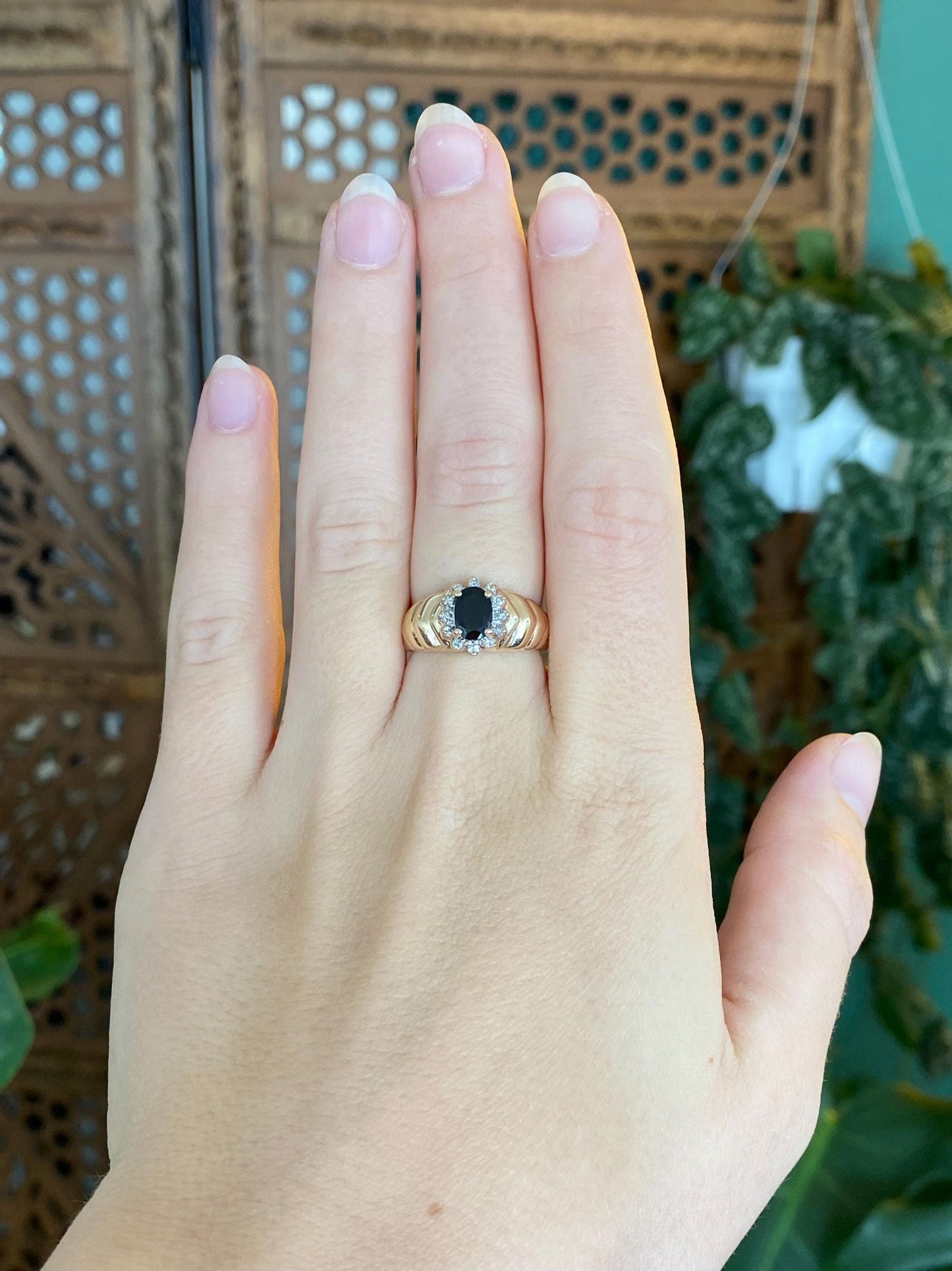 Solid 14k White & Yellow Gold Blue Sapphire Diamond Halo Fluted Ring - Size 6.25