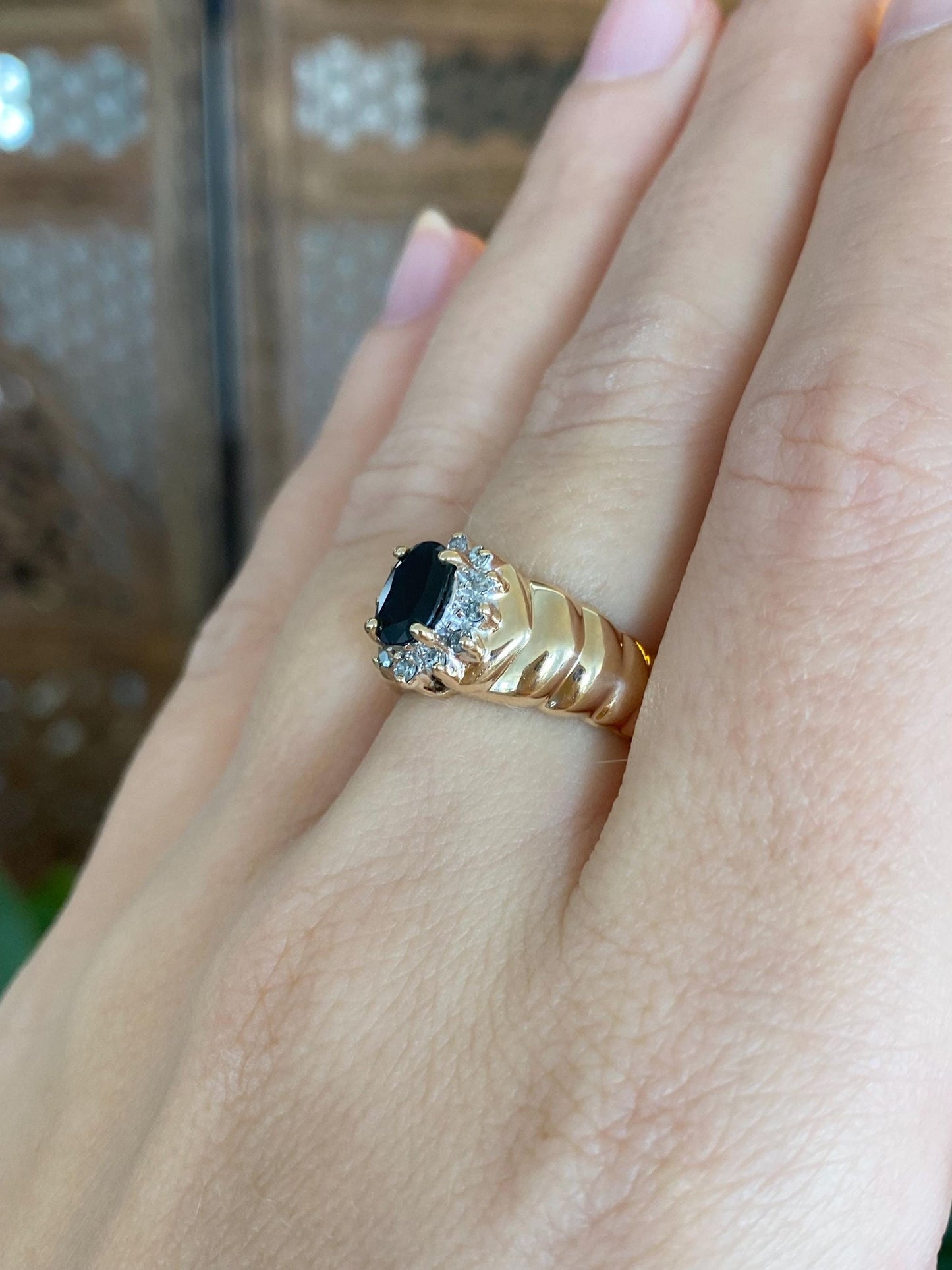 Solid 14k White & Yellow Gold Blue Sapphire Diamond Halo Fluted Ring - Size 6.25
