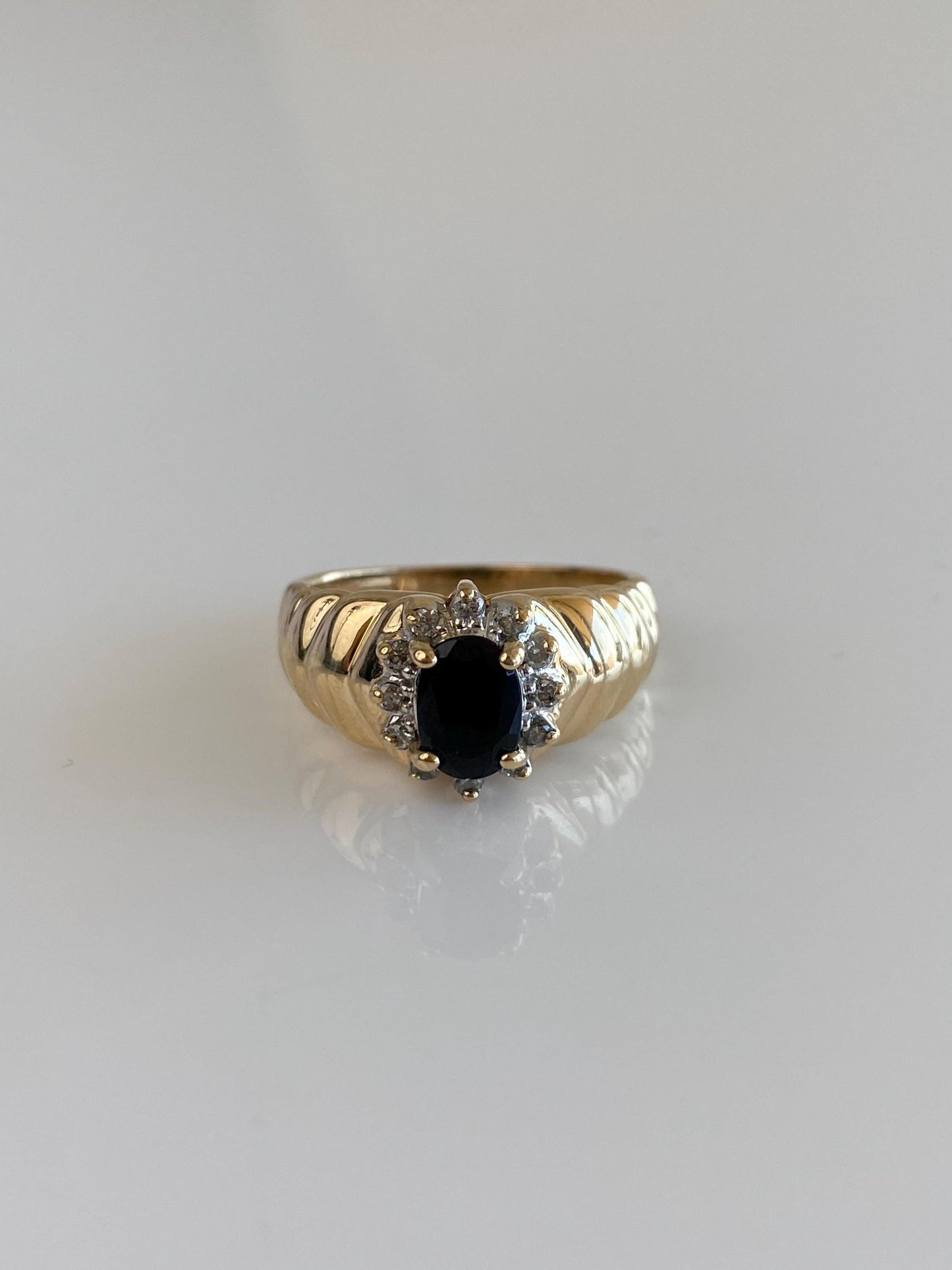 Solid 14k White & Yellow Gold Blue Sapphire Diamond Halo Fluted Ring - Size 6.25