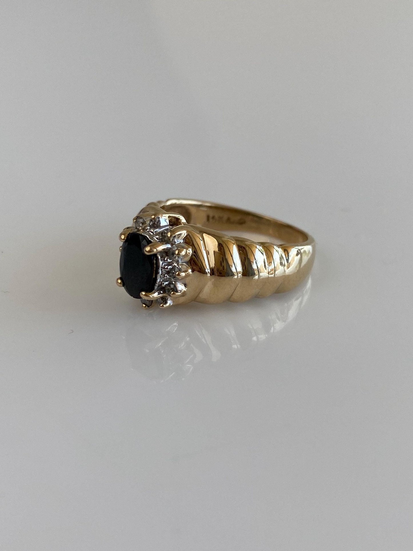 Solid 14k White & Yellow Gold Blue Sapphire Diamond Halo Fluted Ring - Size 6.25
