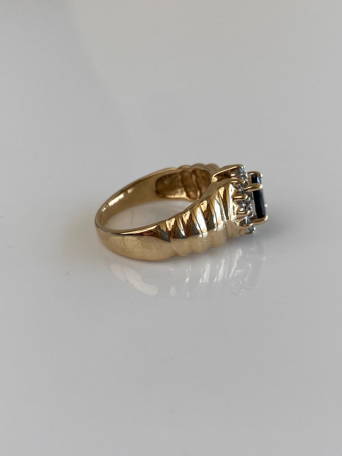Solid 14k White & Yellow Gold Blue Sapphire Diamond Halo Fluted Ring - Size 6.25