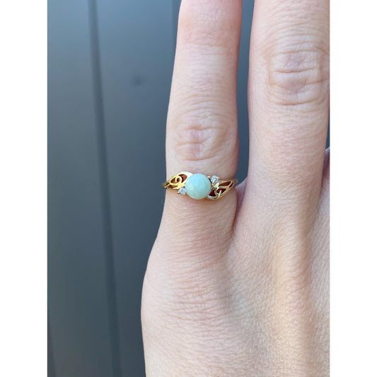 Solid 10k Yellow Gold Diamond Jade Ring - Size 3.25