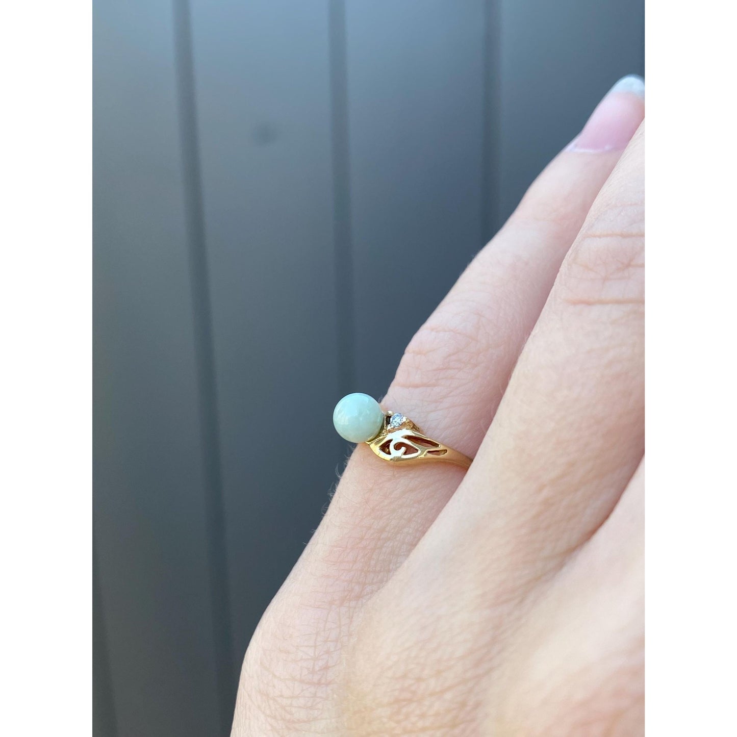 Solid 10k Yellow Gold Diamond Jade Ring - Size 3.25