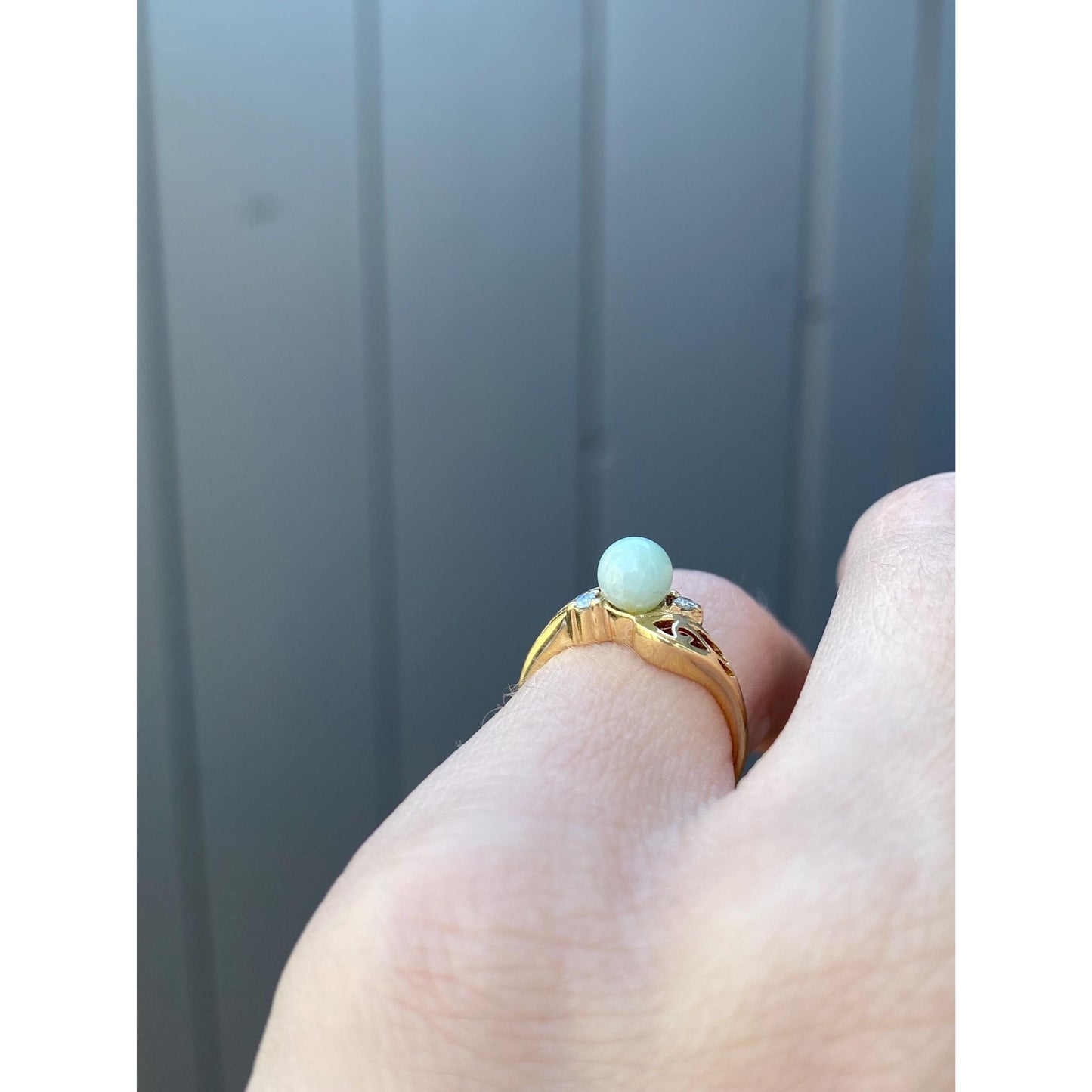 Solid 10k Yellow Gold Diamond Jade Ring - Size 3.25