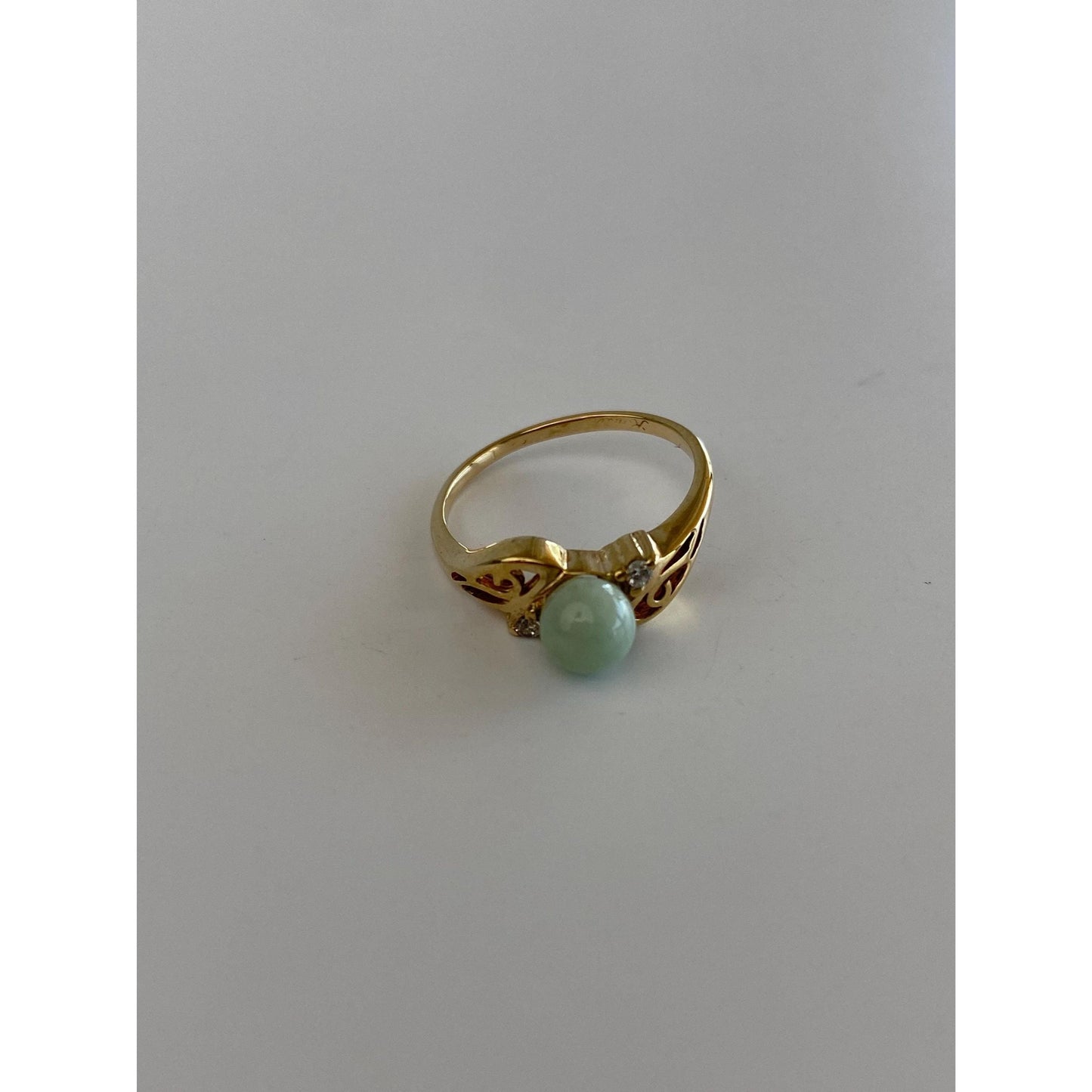 Solid 10k Yellow Gold Diamond Jade Ring - Size 3.25