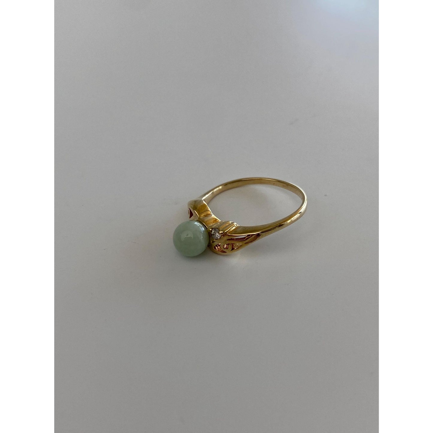 Solid 10k Yellow Gold Diamond Jade Ring - Size 3.25