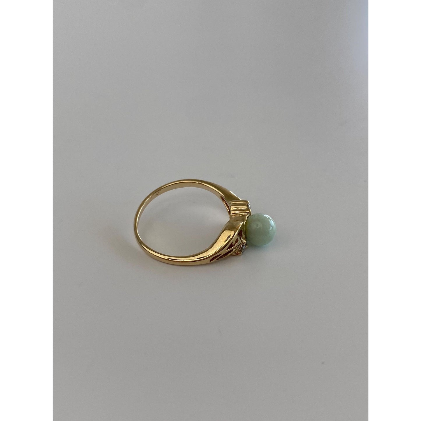 Solid 10k Yellow Gold Diamond Jade Ring - Size 3.25