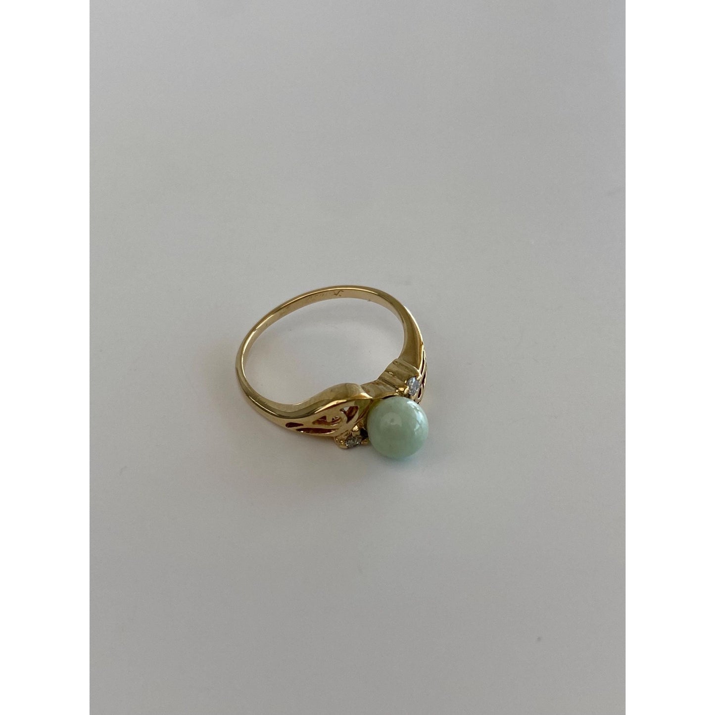 Solid 10k Yellow Gold Diamond Jade Ring - Size 3.25