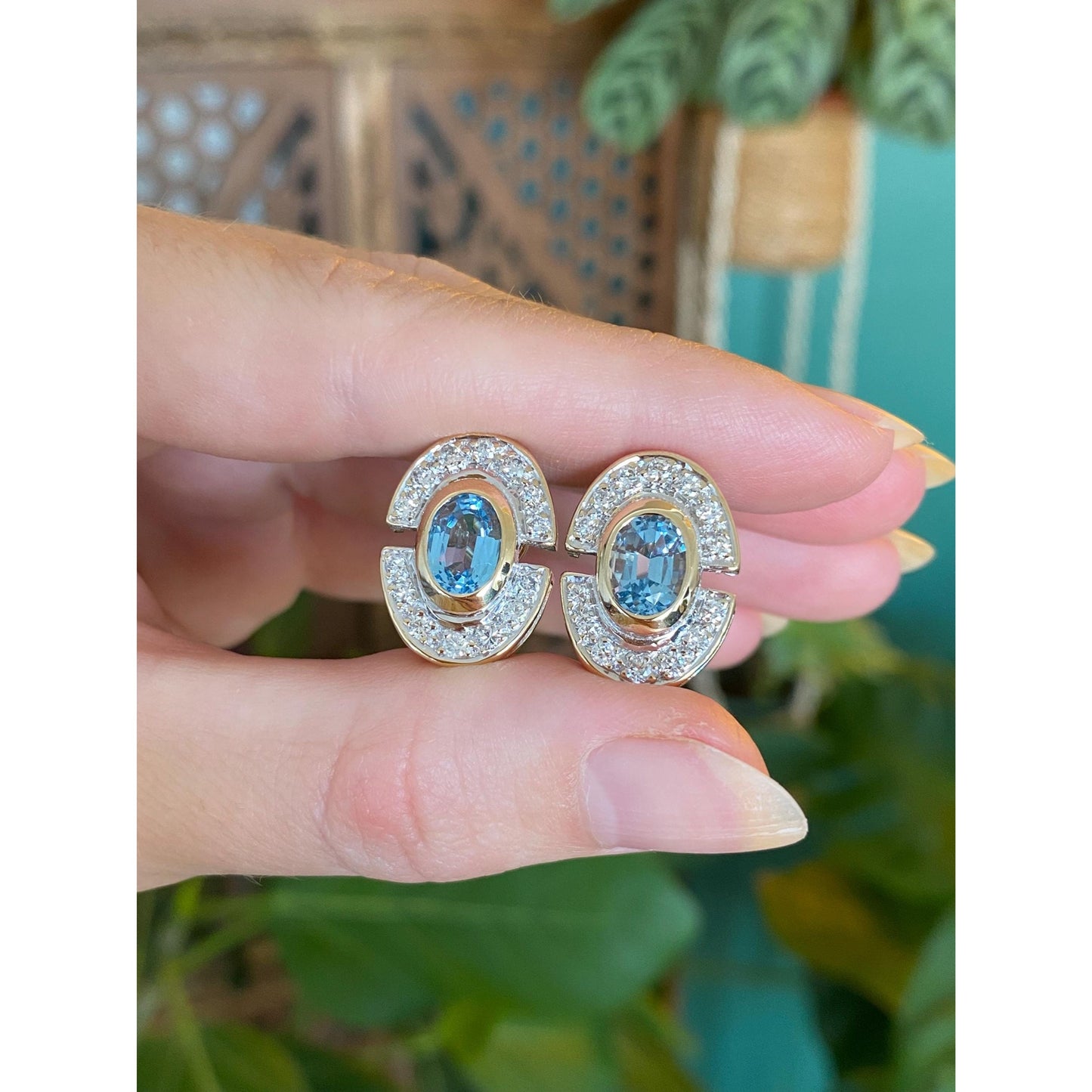 Vintage Solid 14k Yellow Gold Diamond Halo Topaz Drop Earrings