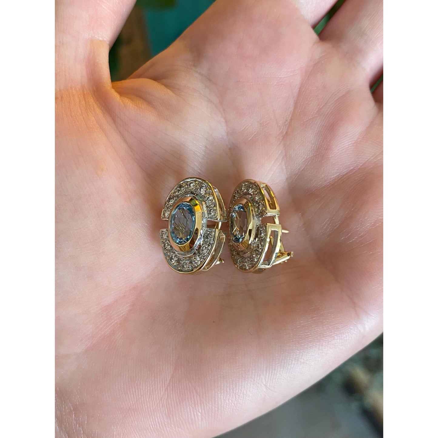 Vintage Solid 14k Yellow Gold Diamond Halo Topaz Drop Earrings
